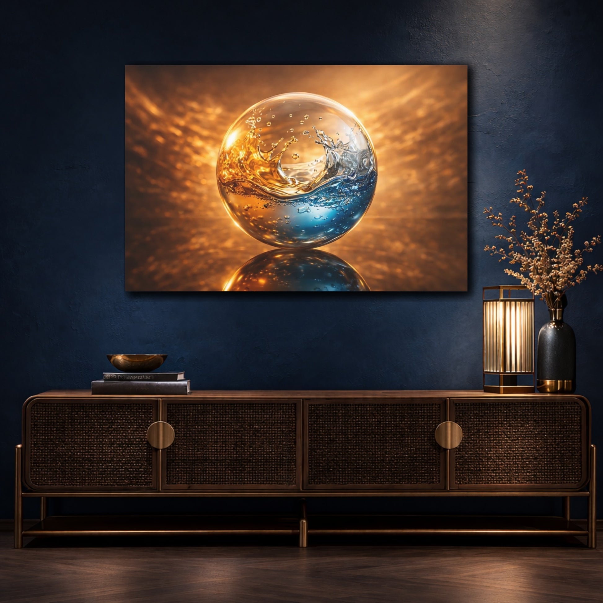 Mockup 4. Abstract Liquid Sphere Blue And Gold shown as stretched canvas wall art