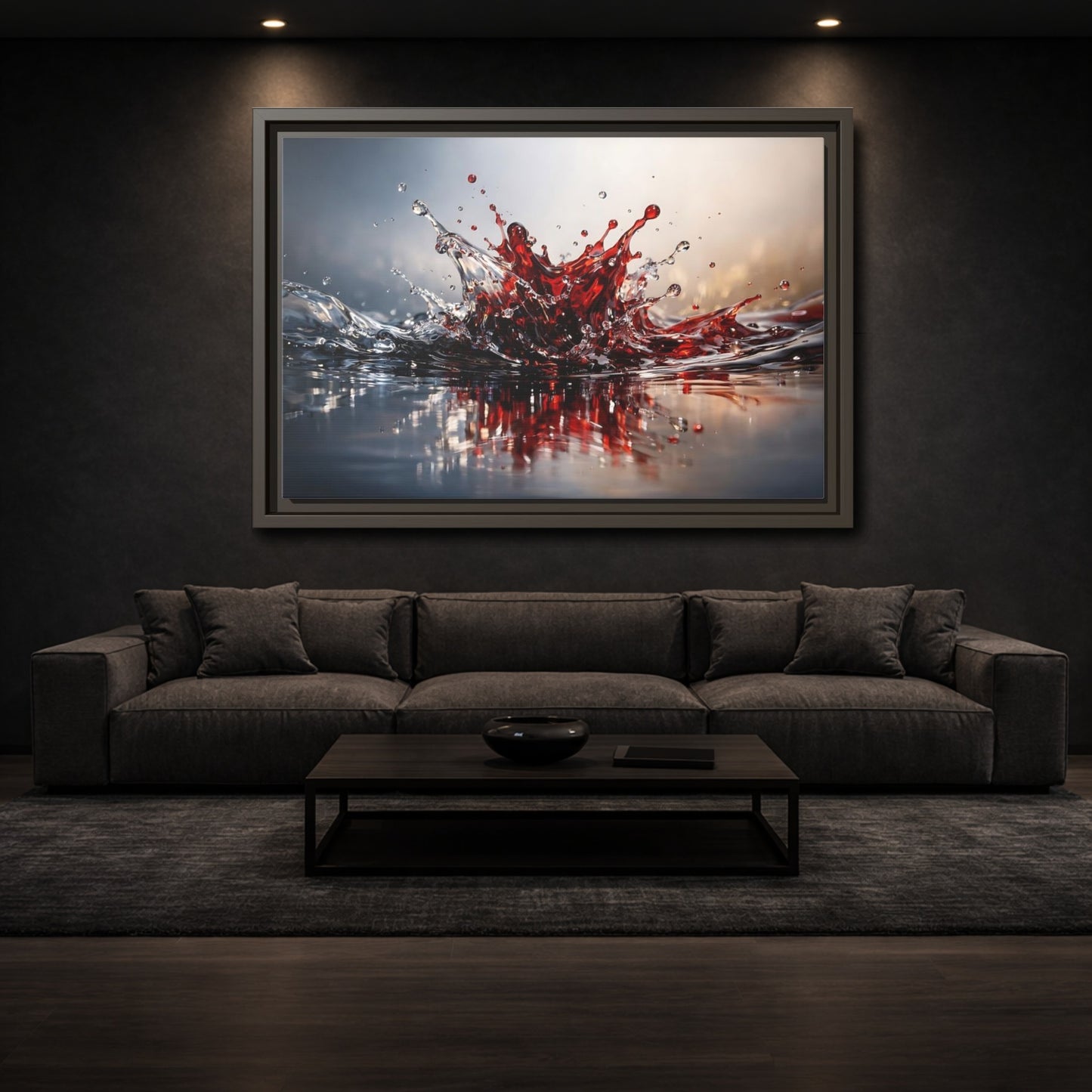 Mockup 2. Abstract Liquid Splash Dynamic Red shown as stretched canvas wall art