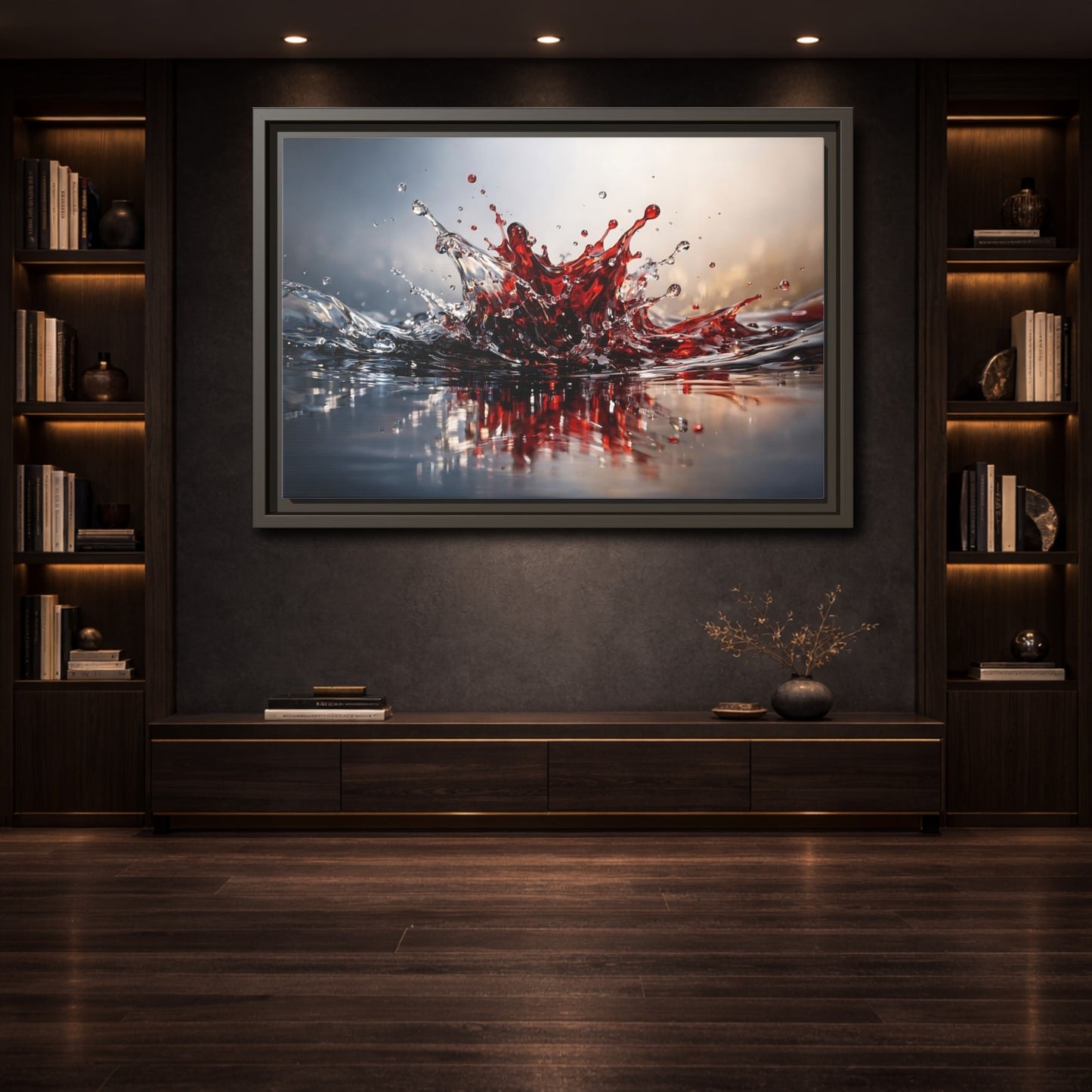 Mockup 3. Abstract Liquid Splash Dynamic Red shown as stretched canvas wall art