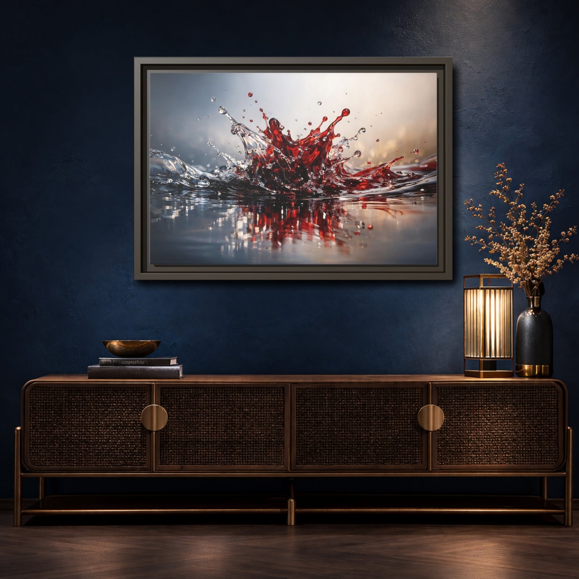 Mockup 4. Abstract Liquid Splash Dynamic Red shown as stretched canvas wall art