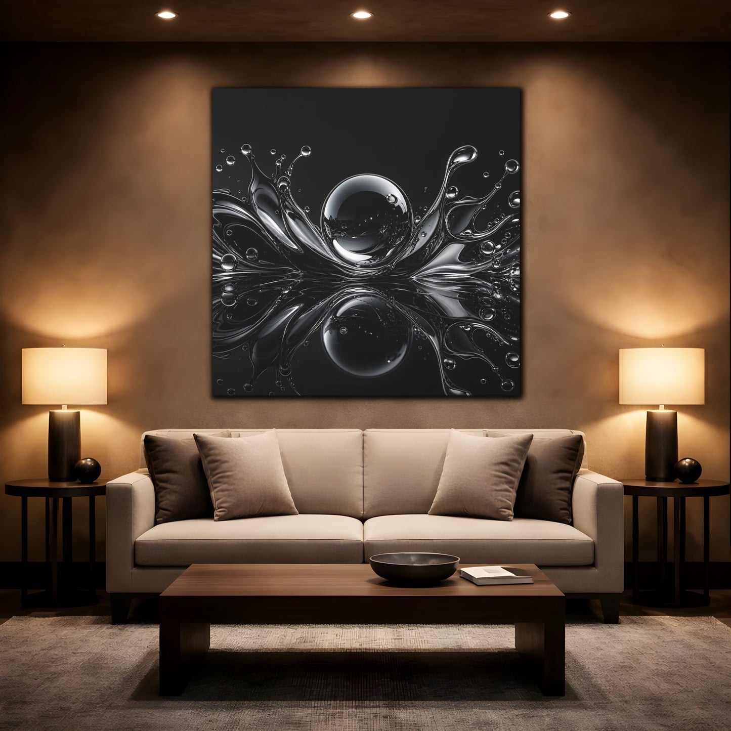 Mockup 2. Abstract Liquid Splash Monochrome Abstract shown as stretched canvas wall art