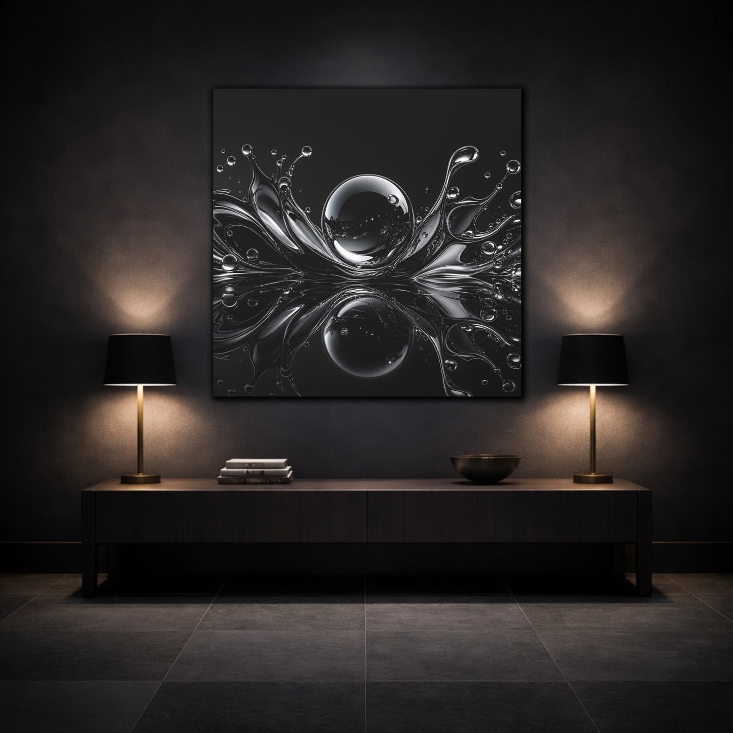 Mockup 3. Abstract Liquid Splash Monochrome Abstract shown as stretched canvas wall art