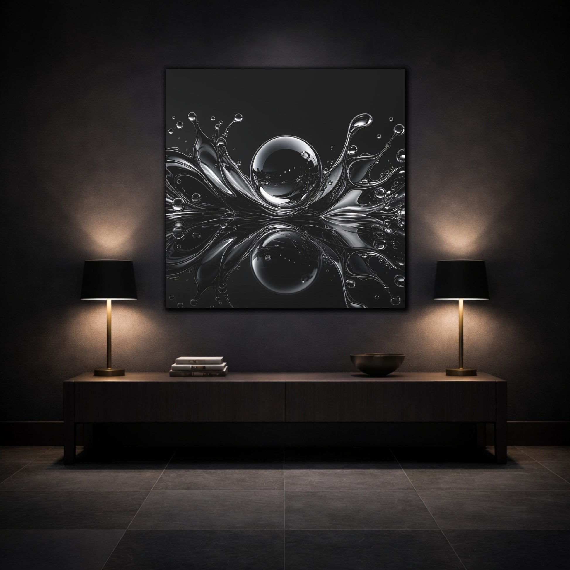 Mockup 3. Abstract Liquid Splash Monochrome Abstract shown as stretched canvas wall art