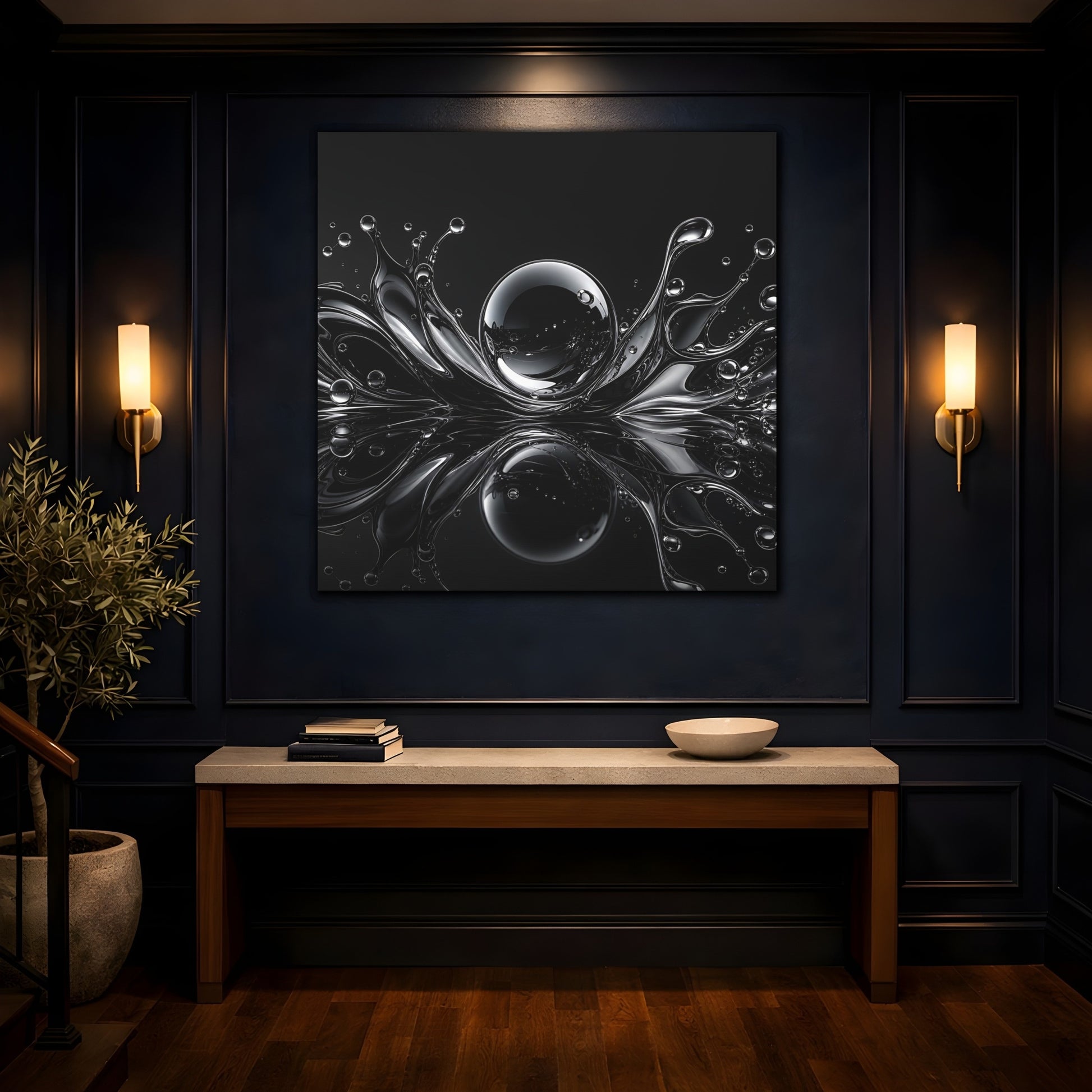 Mockup 4. Abstract Liquid Splash Monochrome Abstract shown as stretched canvas wall art