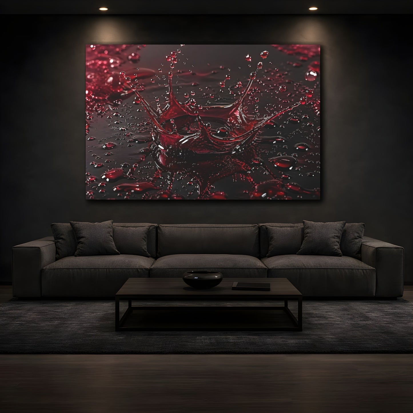 Mockup 3. Abstract Liquid Splash Red And Black shown as stretched canvas wall art