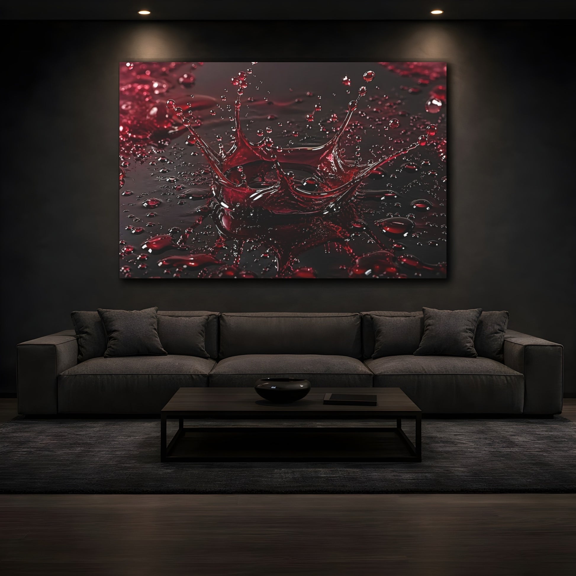 Mockup 3. Abstract Liquid Splash Red And Black shown as stretched canvas wall art
