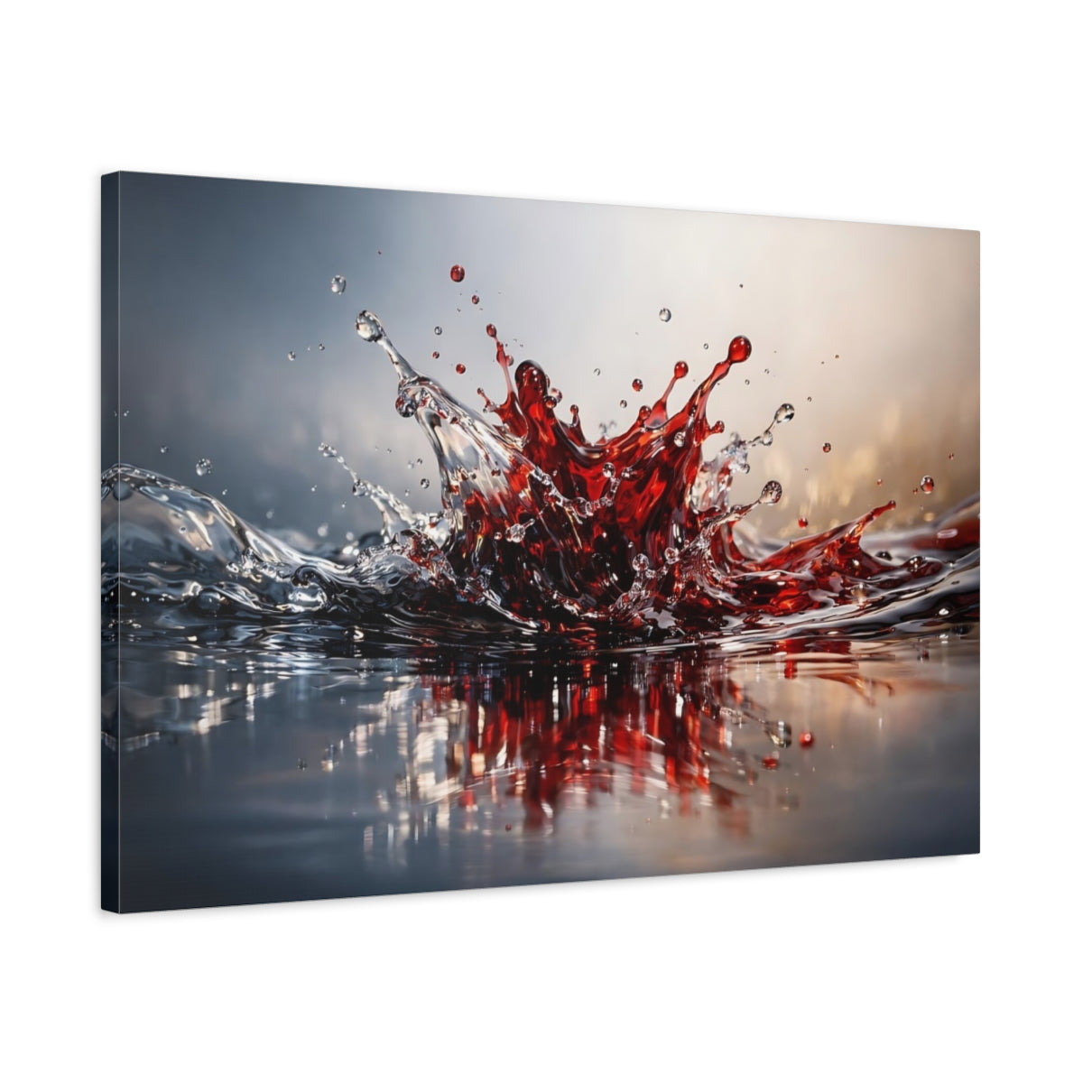 Side Mockup 2. Abstract Liquid Splash Red Liquid Splash shown as stretched canvas wall art