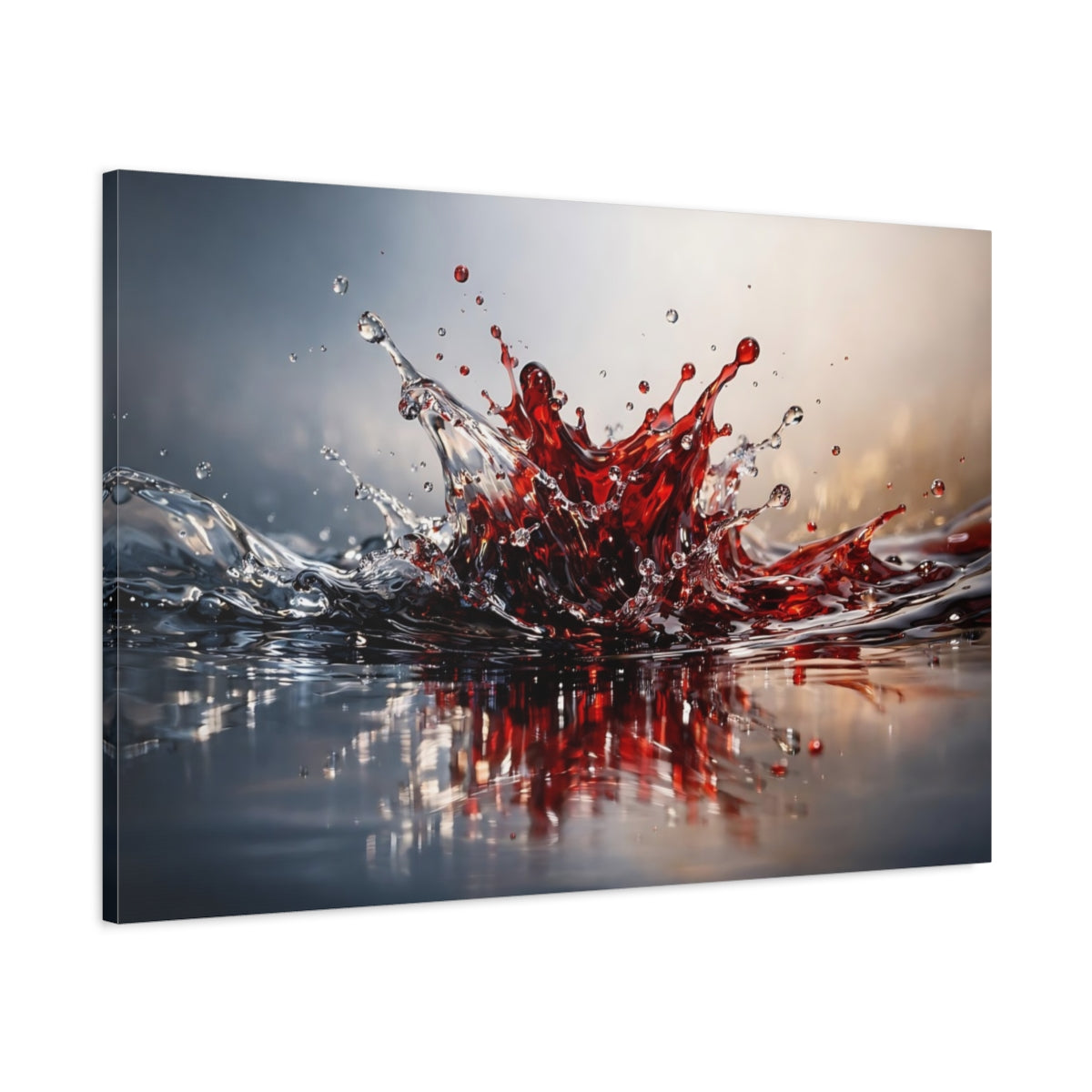 Side Mockup 1. Abstract Liquid Splash Red Liquid Splash shown as stretched canvas wall art
