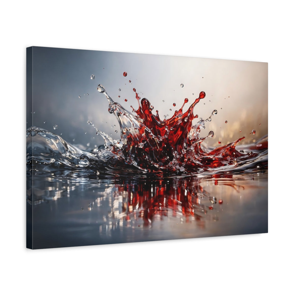 Side Mockup 3. Abstract Liquid Splash Red Liquid Splash shown as stretched canvas wall art