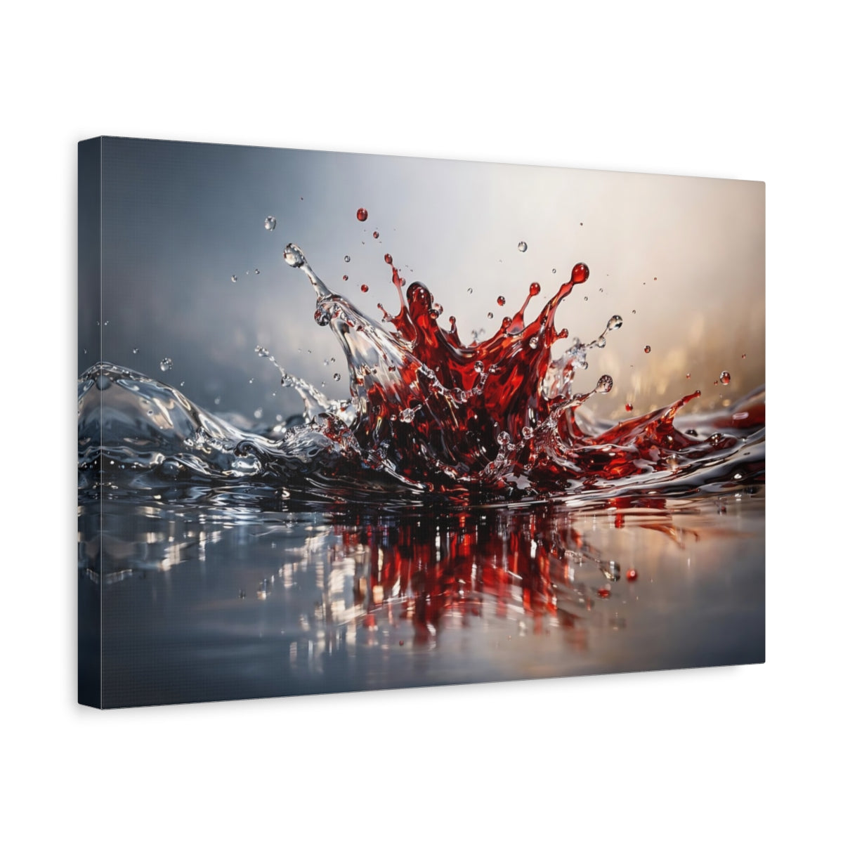 Side Mockup 4. Abstract Liquid Splash Red Liquid Splash shown as stretched canvas wall art