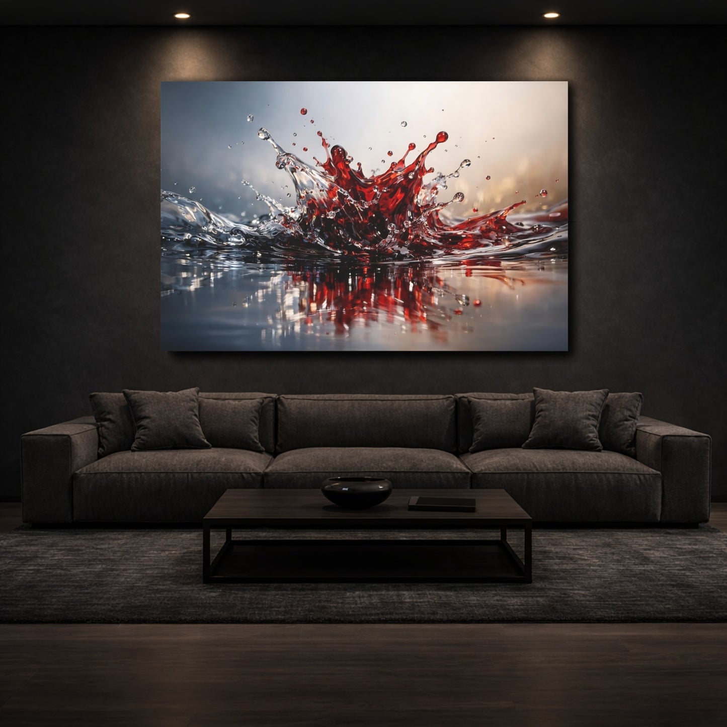 Mockup 2. Abstract Liquid Splash Red Liquid Splash shown as stretched canvas wall art