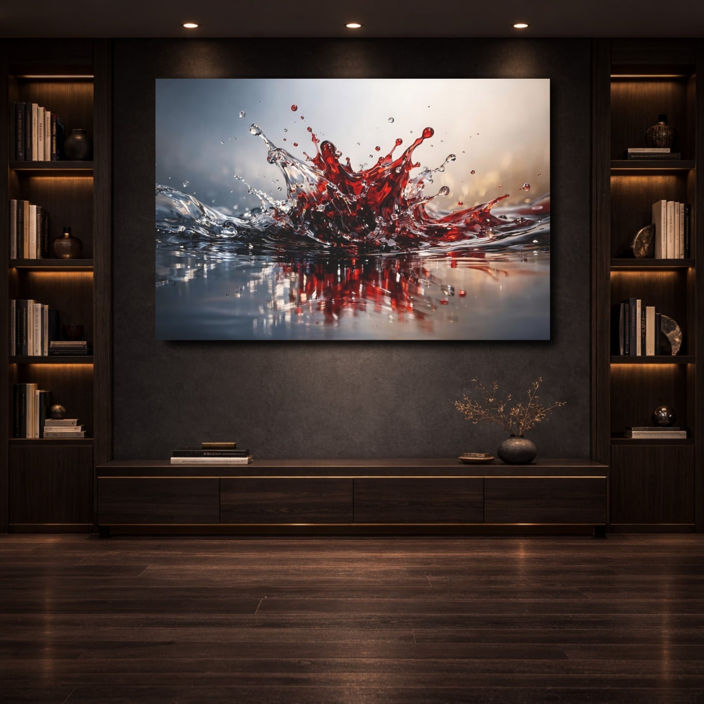 Mockup 3. Abstract Liquid Splash Red Liquid Splash shown as stretched canvas wall art