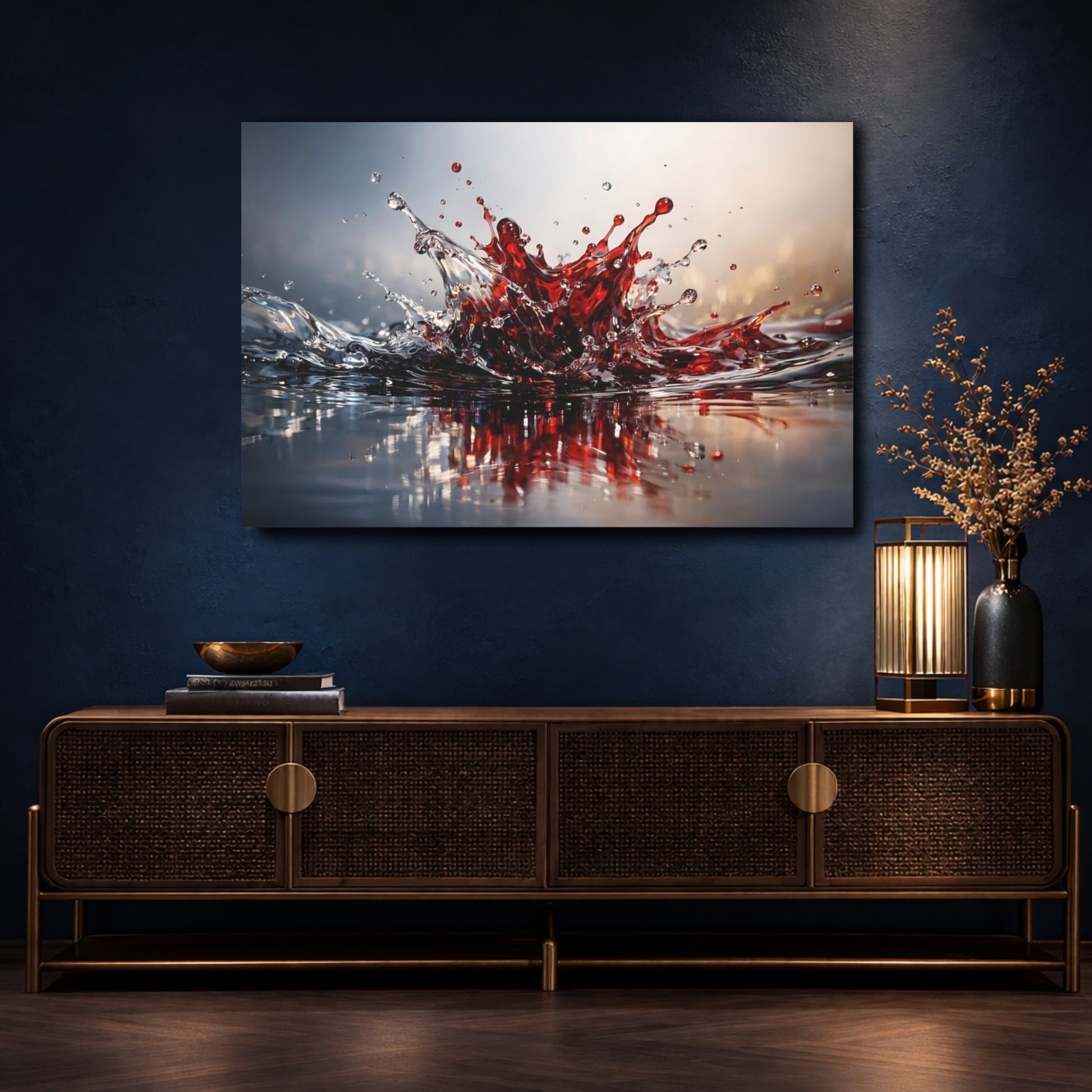 Mockup 4. Abstract Liquid Splash Red Liquid Splash shown as stretched canvas wall art