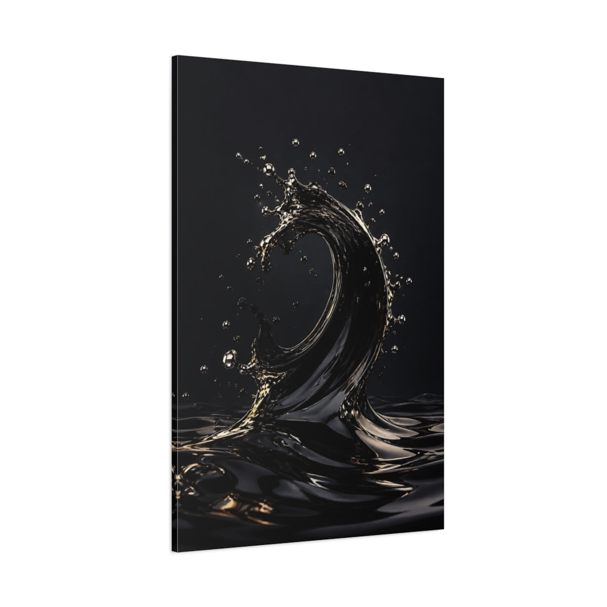 Side Mockup 1. Abstract Liquid Wave Black And Gold shown as stretched canvas wall art