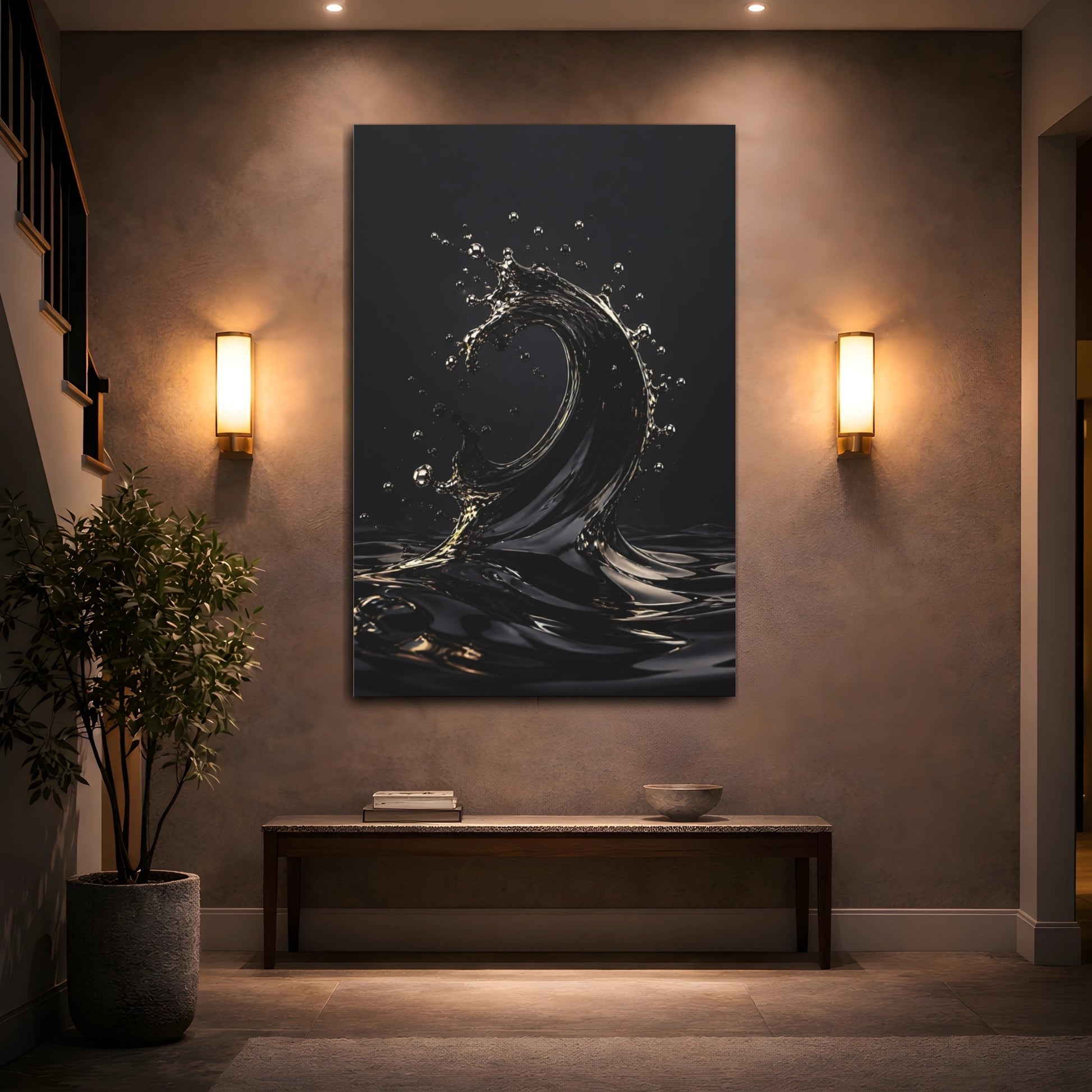 Mockup 2. Abstract Liquid Wave Black And Gold shown as stretched canvas wall art