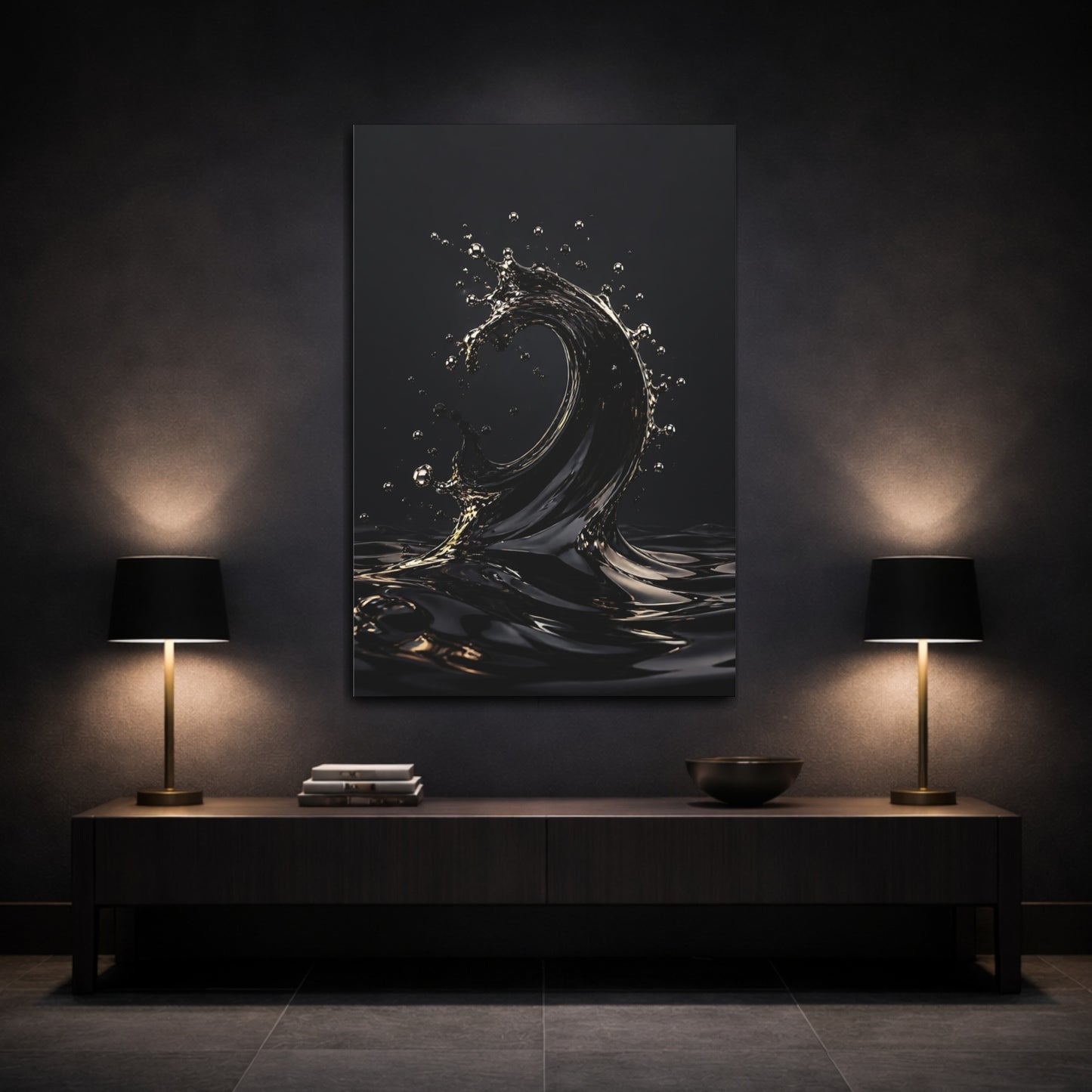 Mockup 3. Abstract Liquid Wave Black And Gold shown as stretched canvas wall art