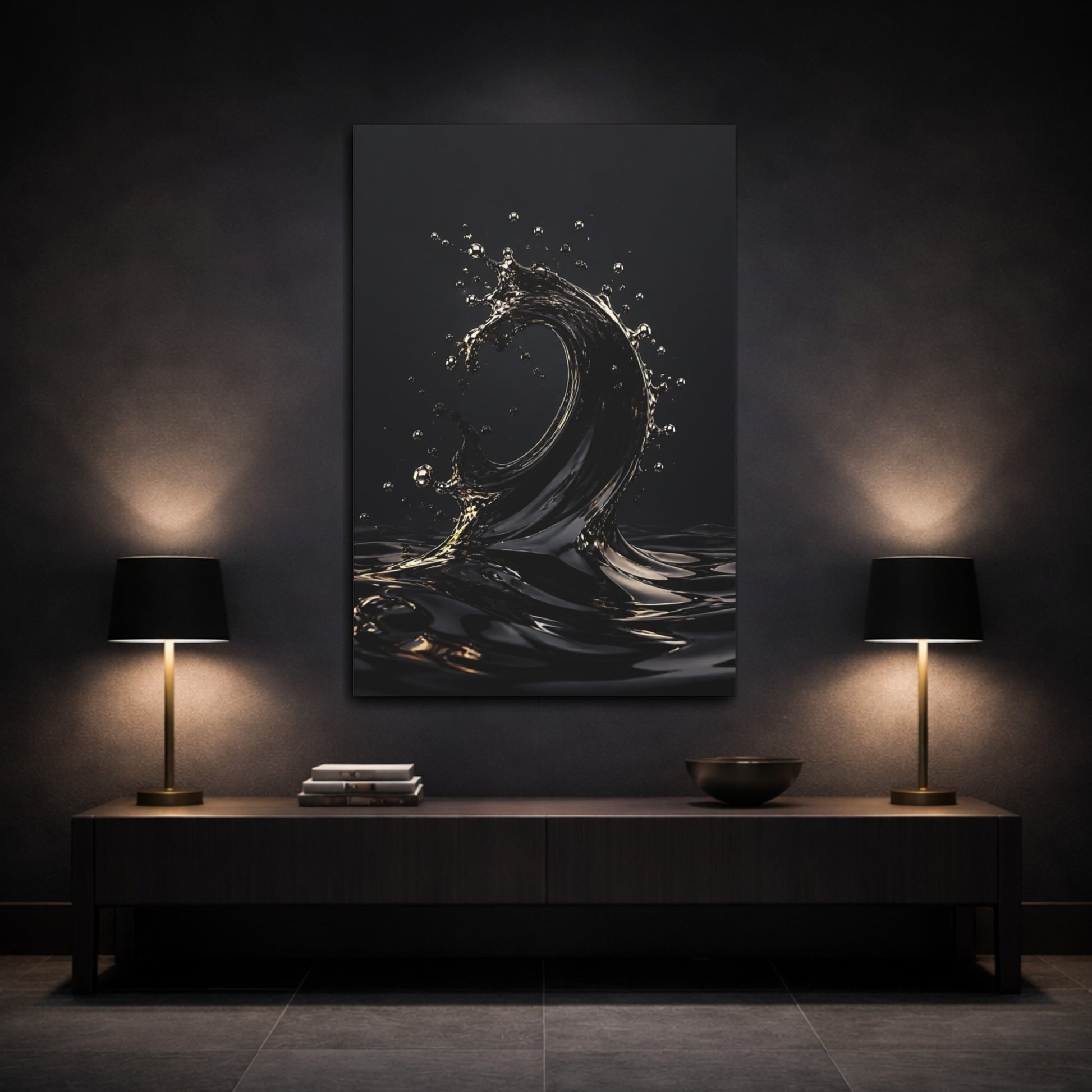 Mockup 3. Abstract Liquid Wave Black And Gold shown as stretched canvas wall art