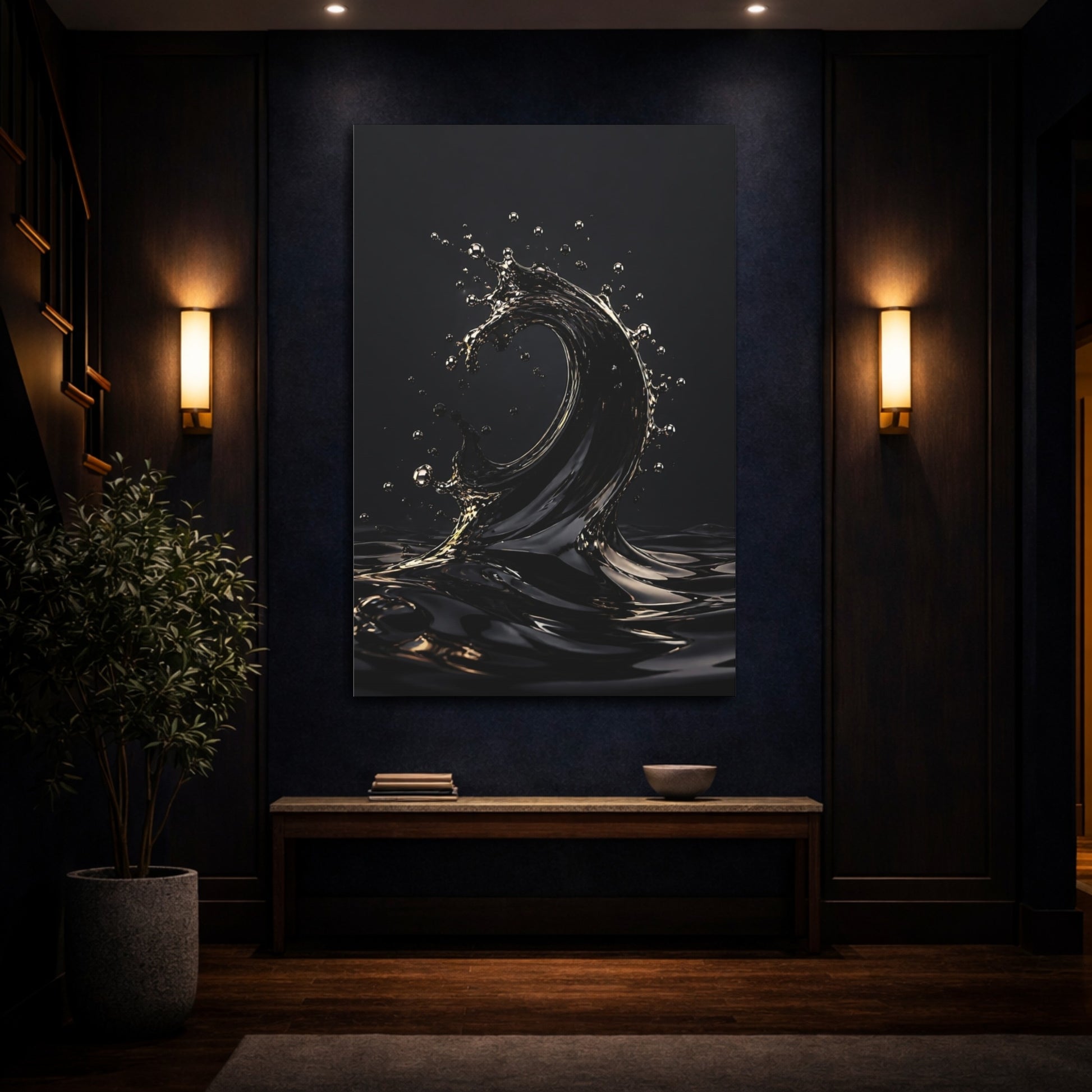 Mockup 4. Abstract Liquid Wave Black And Gold shown as stretched canvas wall art