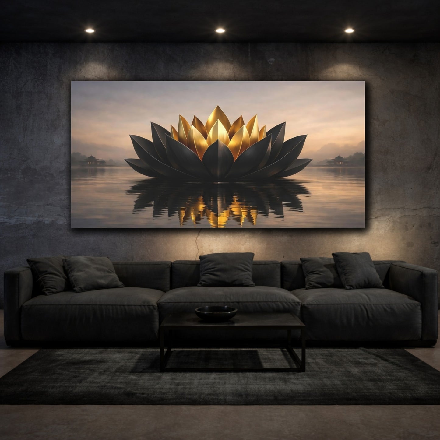 Mockup 2. Abstract Lotus Flower Black Gold Zen shown as stretched canvas wall art