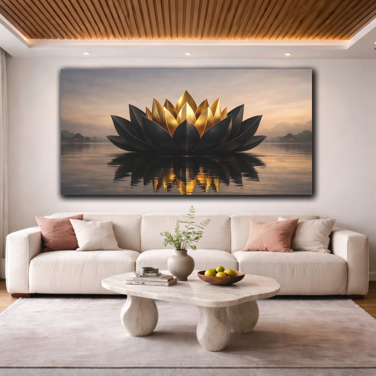 Mockup 3. Abstract Lotus Flower Black Gold Zen shown as stretched canvas wall art
