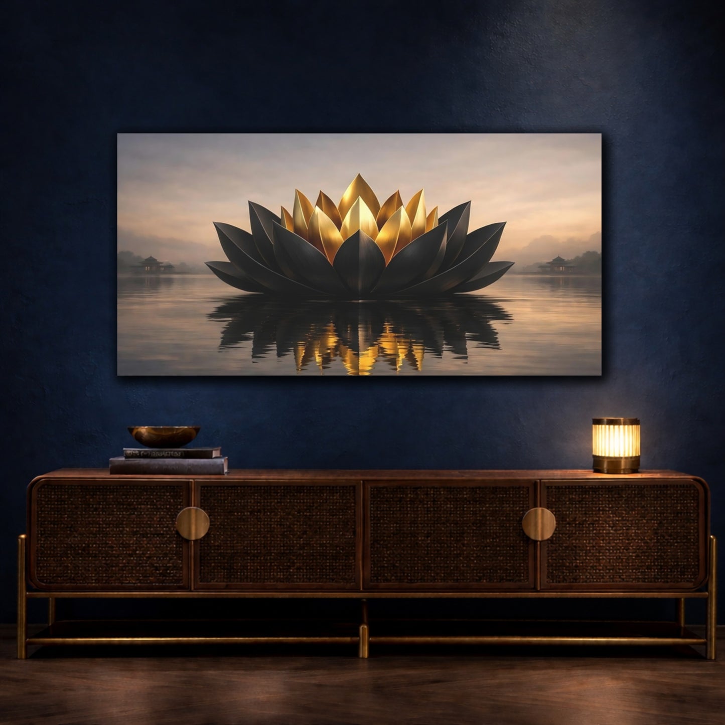 Mockup 4. Abstract Lotus Flower Black Gold Zen shown as stretched canvas wall art