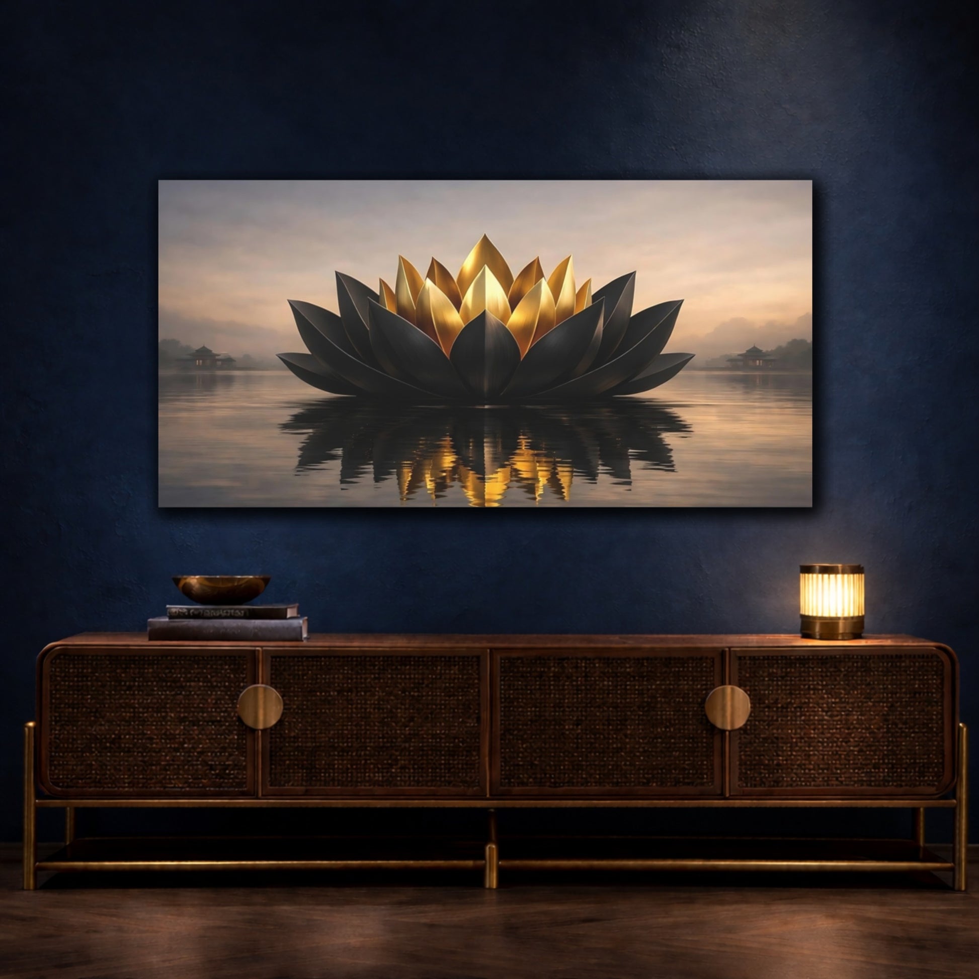 Mockup 4. Abstract Lotus Flower Black Gold Zen shown as stretched canvas wall art