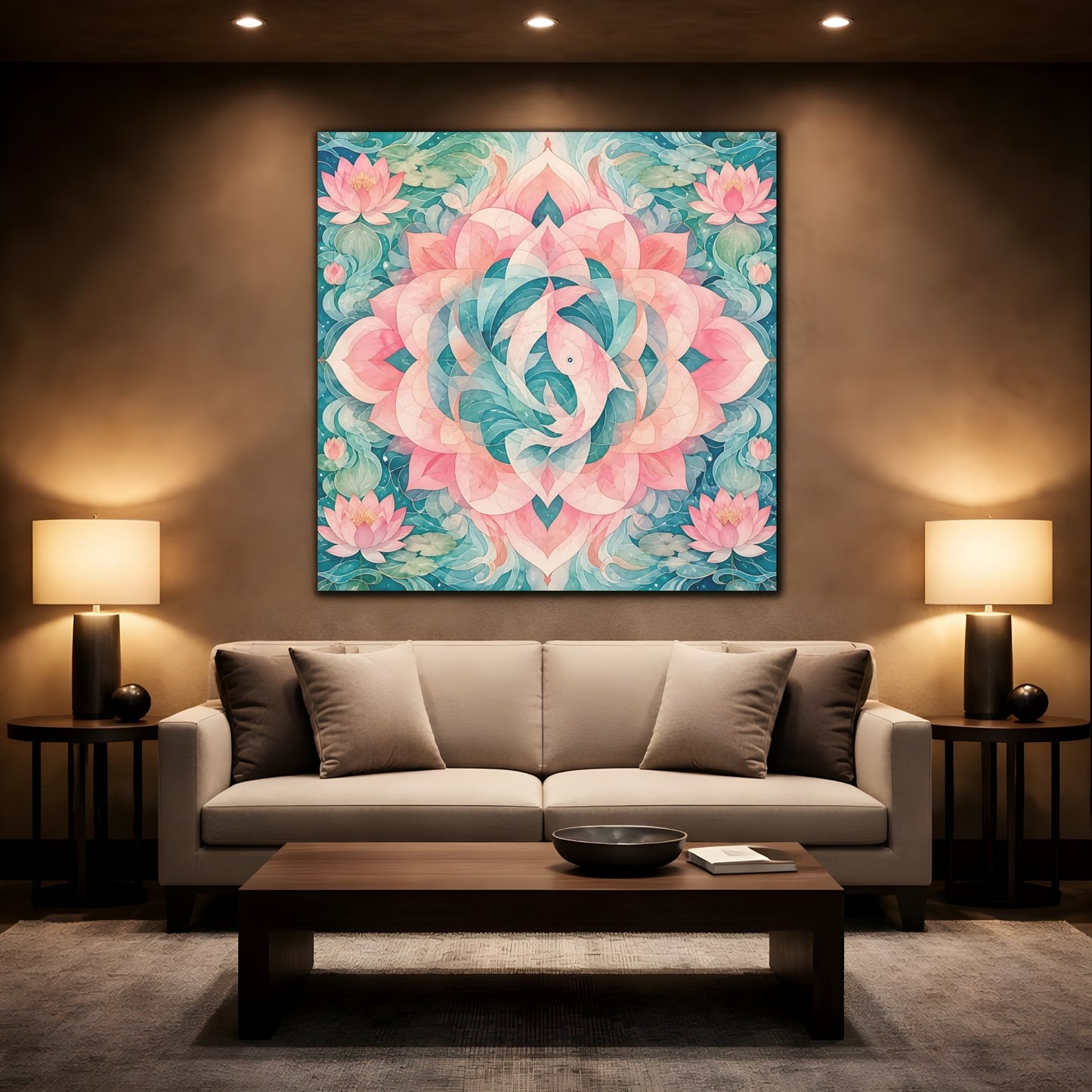 Mockup 2. Abstract Lotus Mandala shown as canvas print