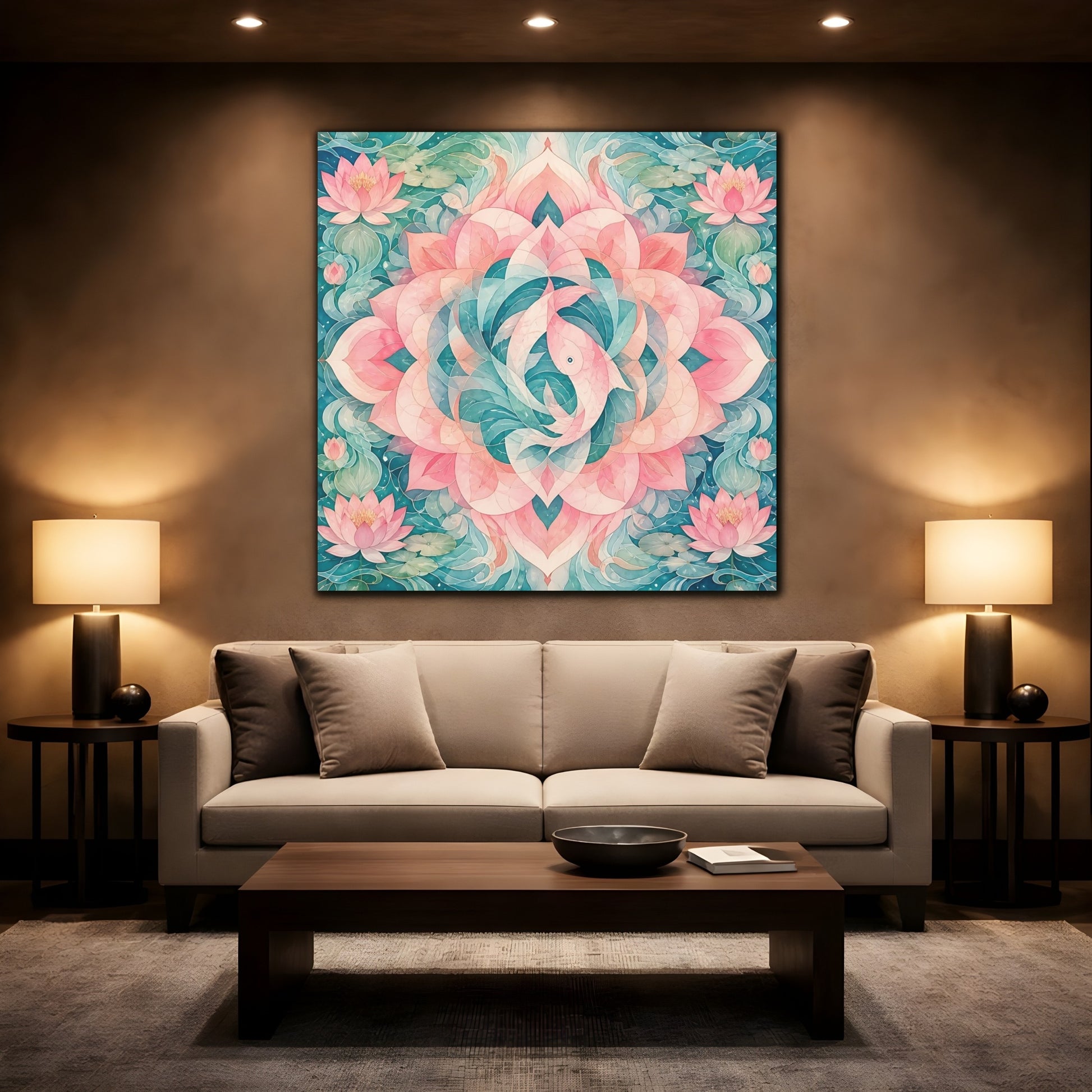 Mockup 2. Abstract Lotus Mandala shown as canvas print
