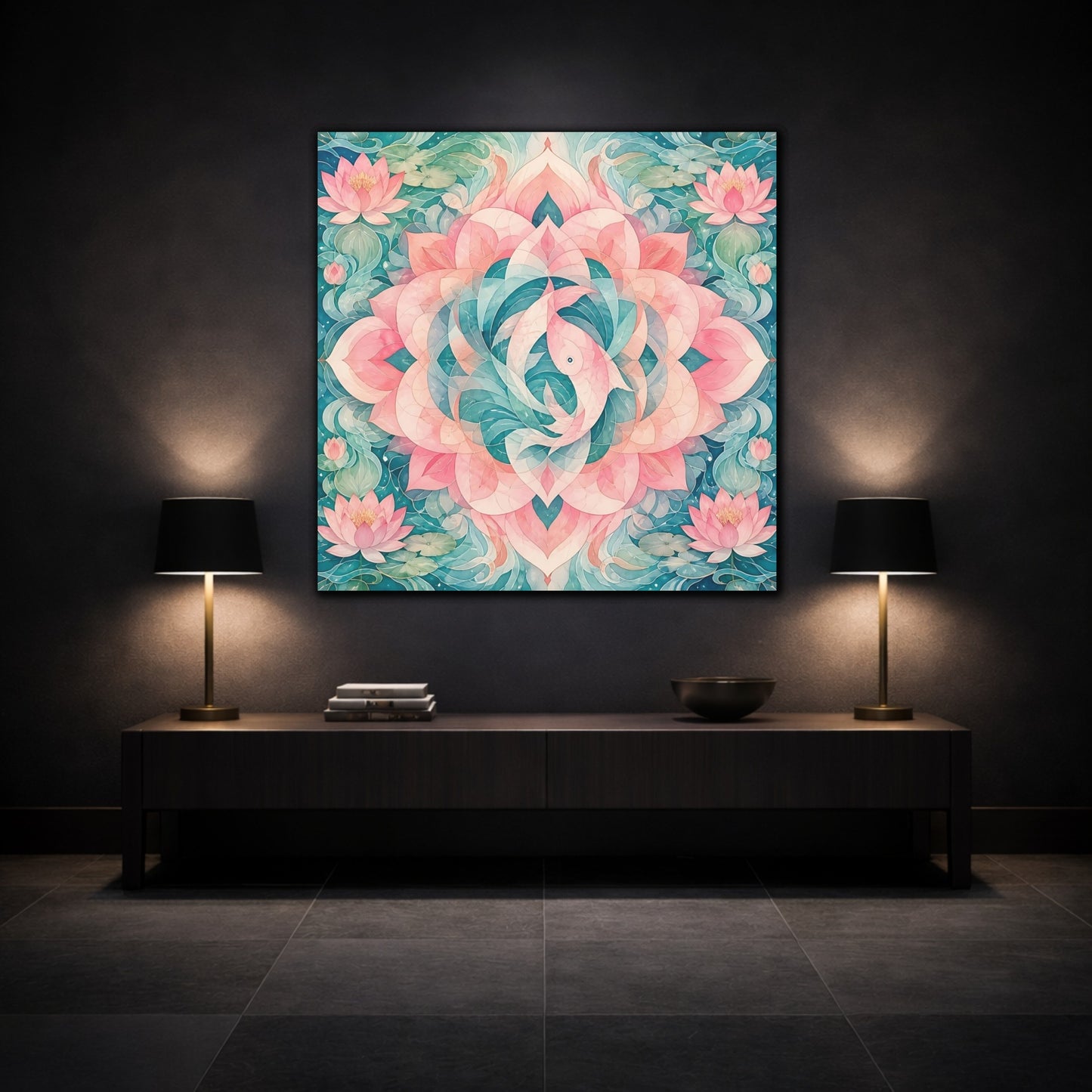 Mockup 3. Abstract Lotus Mandala shown as canvas print