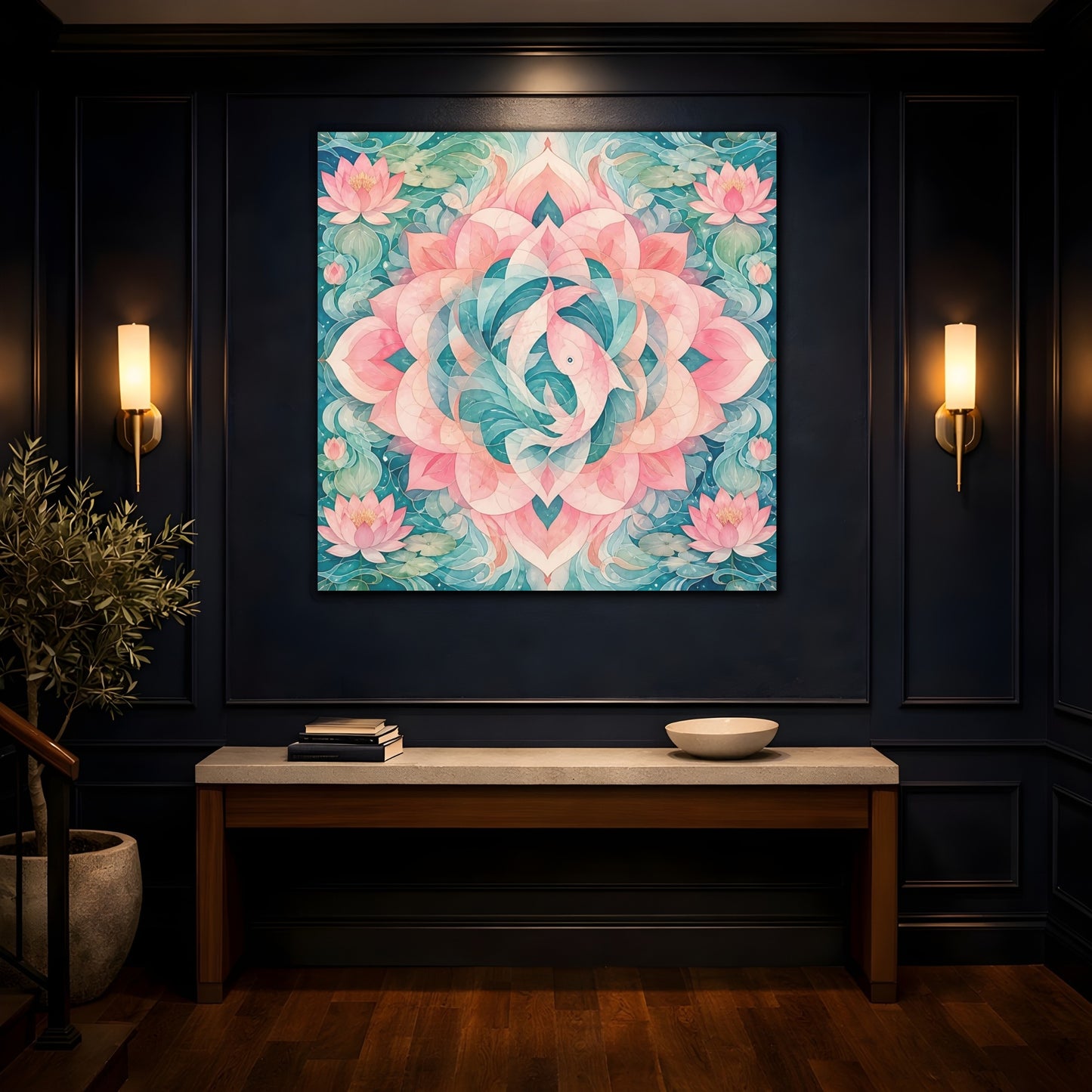 Mockup 4. Abstract Lotus Mandala shown as canvas print