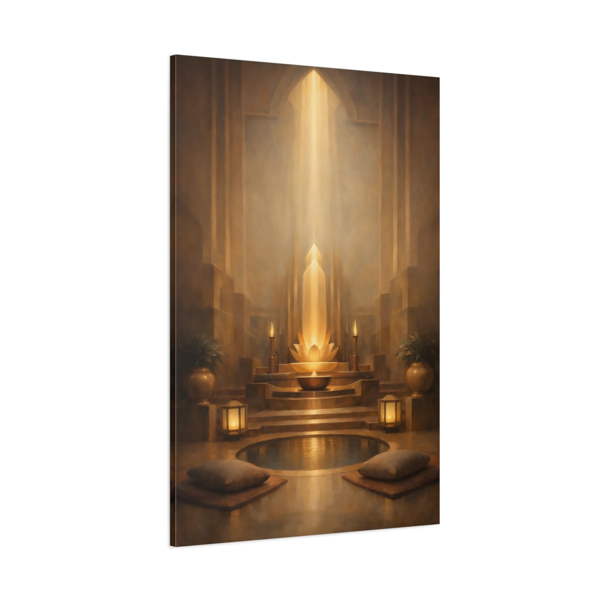 Main Mockup. Abstract Lotus Shrine Golden Glow shown as stretched canvas wall art