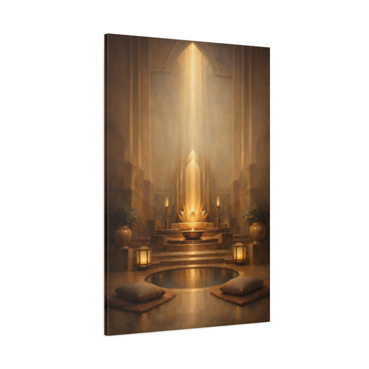 Main Mockup. Abstract Lotus Shrine Golden Glow shown as stretched canvas wall art