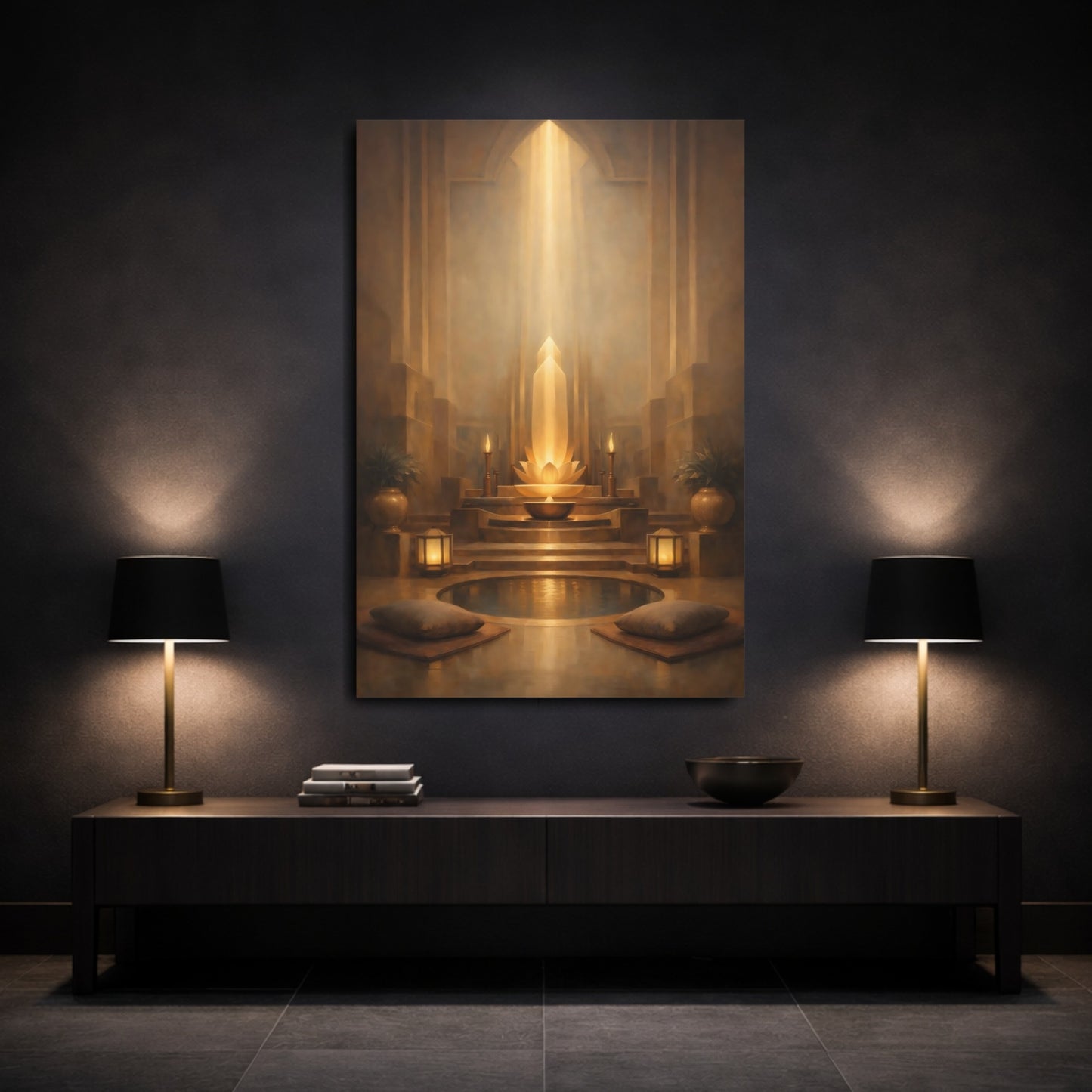 Mockup 2. Abstract Lotus Shrine Golden Glow shown as stretched canvas wall art