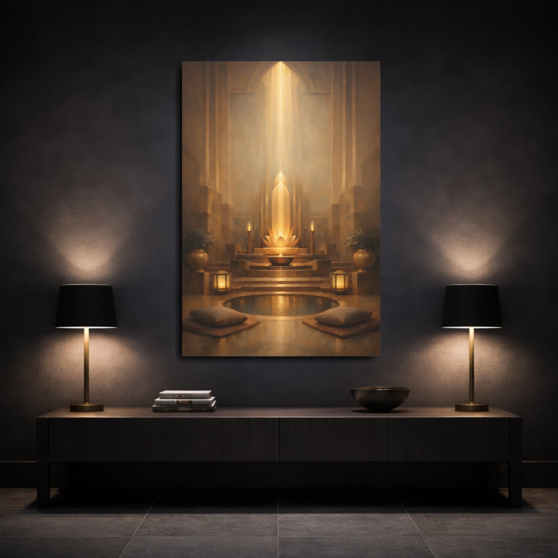 Mockup 2. Abstract Lotus Shrine Golden Glow shown as stretched canvas wall art