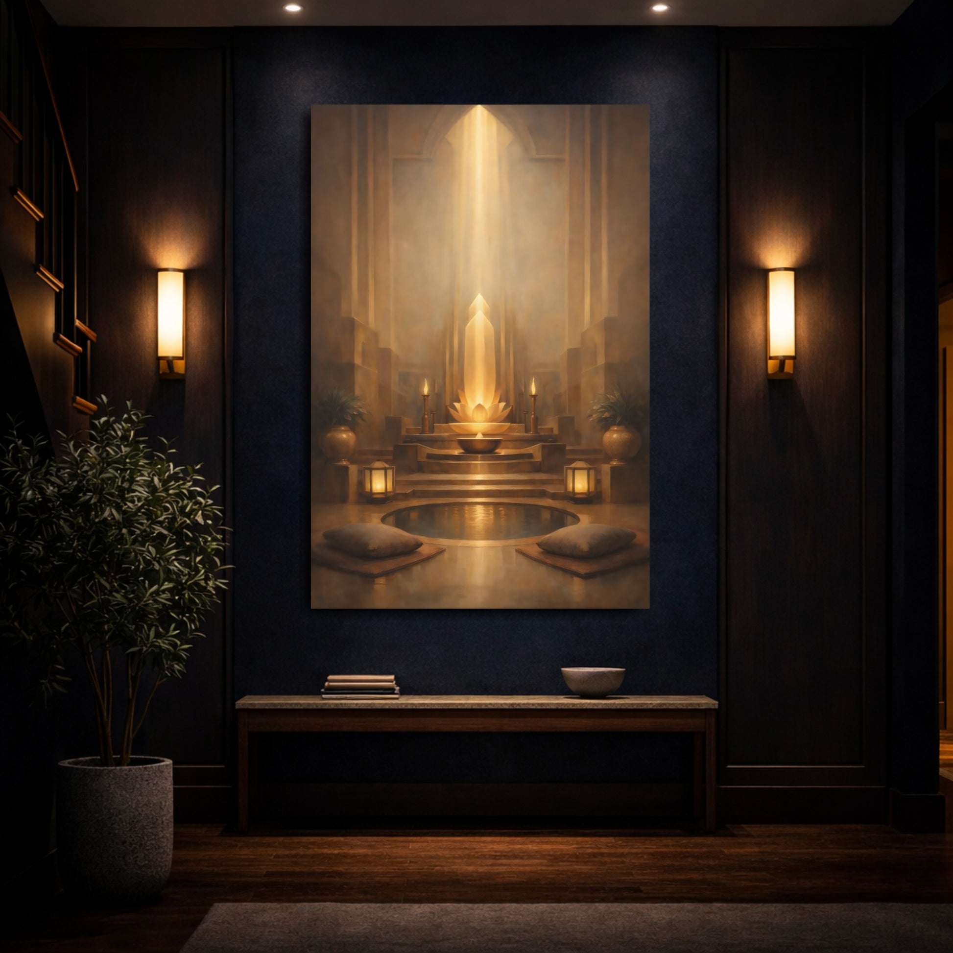 Mockup 3. Abstract Lotus Shrine Golden Glow shown as stretched canvas wall art