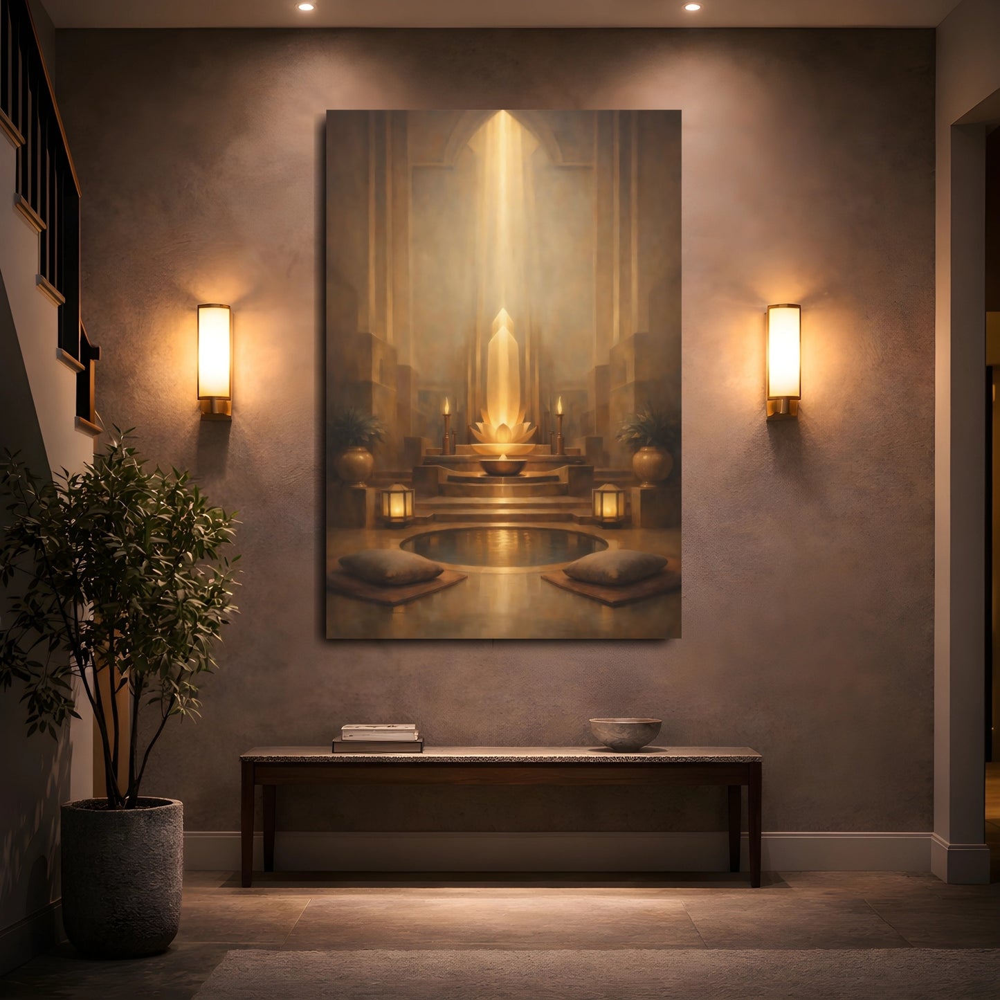 Mockup 4. Abstract Lotus Shrine Golden Glow shown as stretched canvas wall art