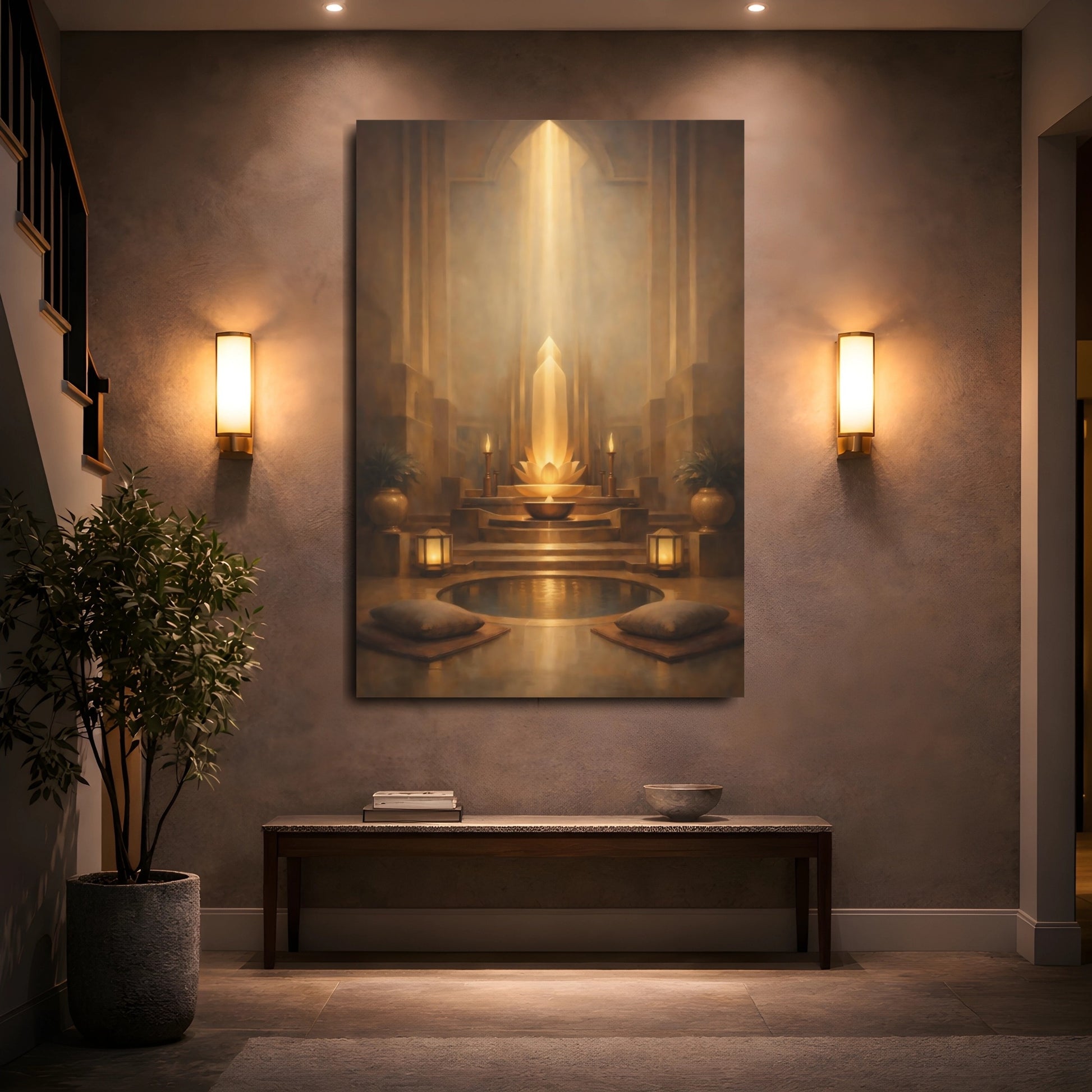 Mockup 4. Abstract Lotus Shrine Golden Glow shown as stretched canvas wall art