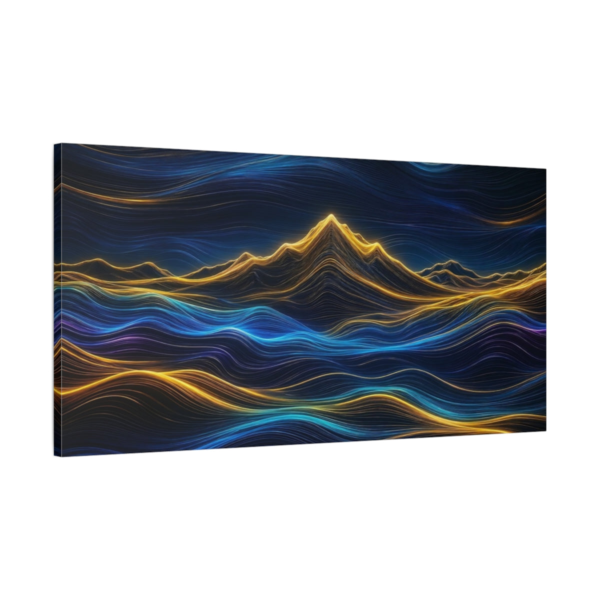 Main Mockup. Abstract Luminous Mountains Blue And Gold shown as stretched canvas wall art
