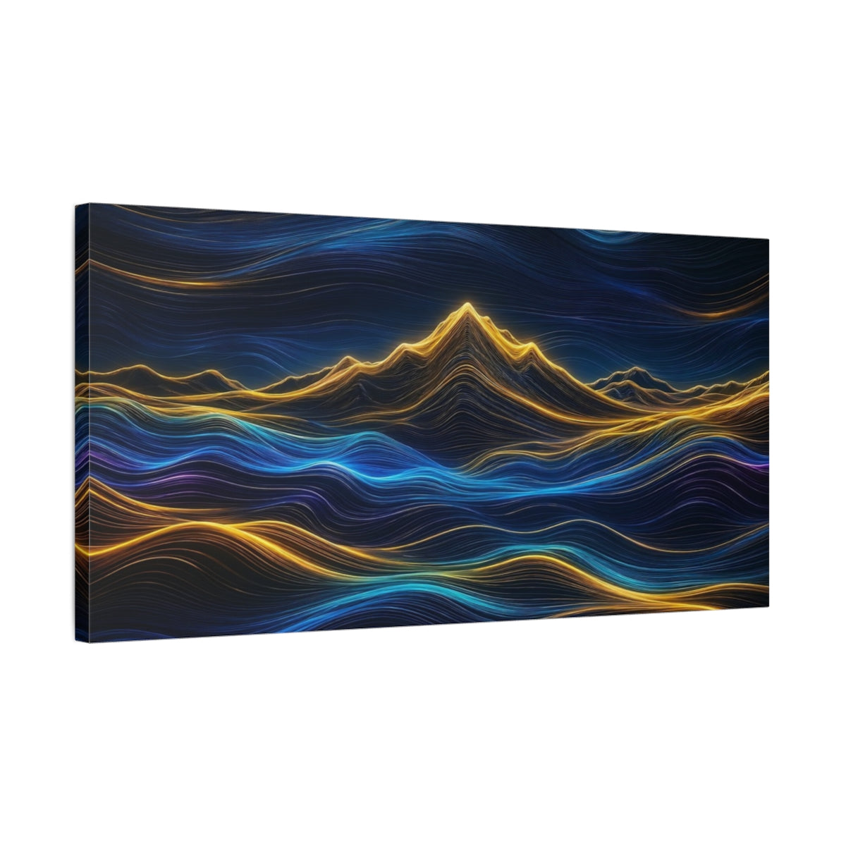 Side Mockup 1. Abstract Luminous Mountains Blue And Gold shown as stretched canvas wall art