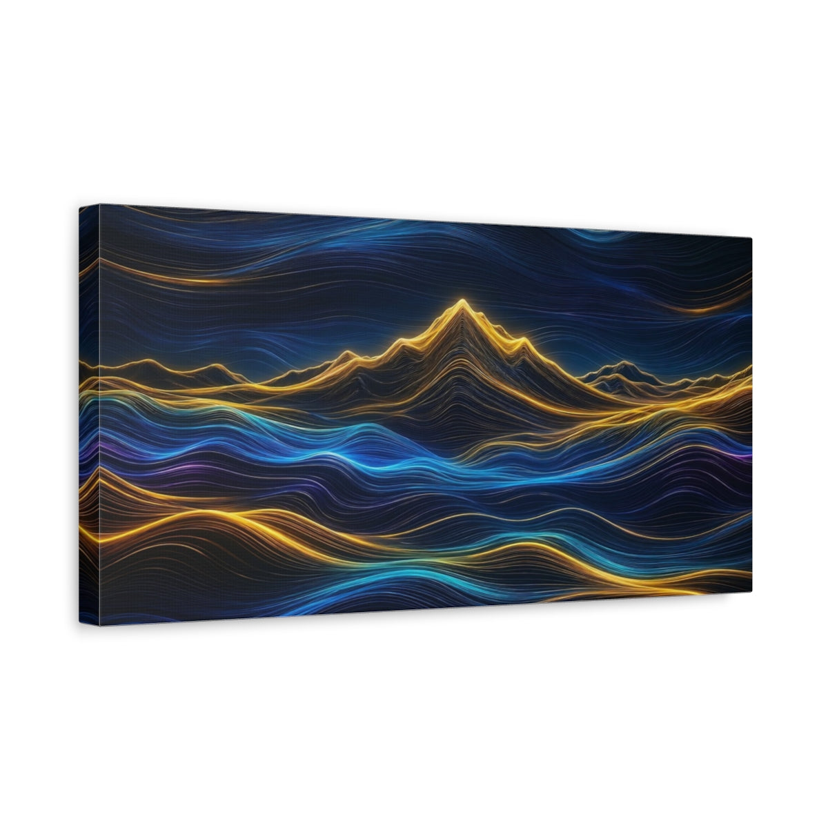 Side Mockup 3. Abstract Luminous Mountains Blue And Gold shown as stretched canvas wall art
