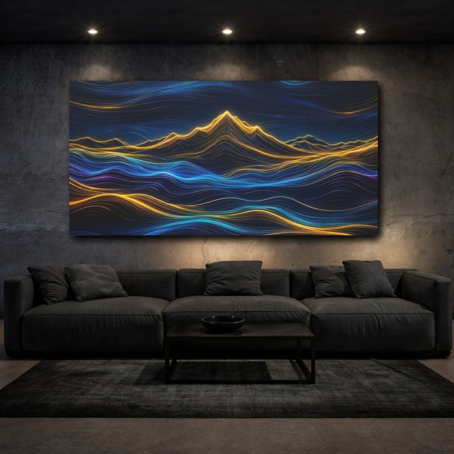 Mockup 2. Abstract Luminous Mountains Blue And Gold shown as stretched canvas wall art