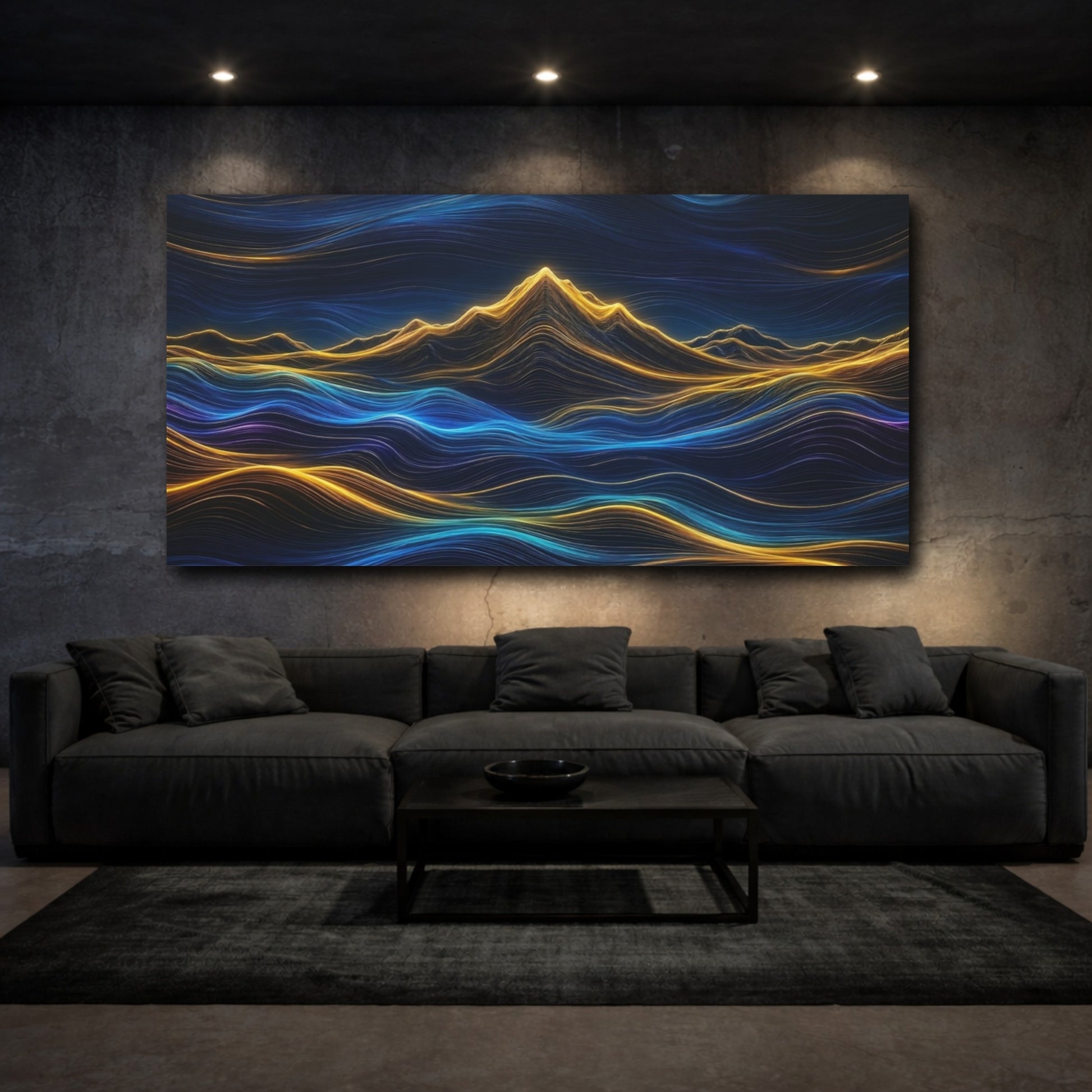 Mockup 2. Abstract Luminous Mountains Blue And Gold shown as stretched canvas wall art