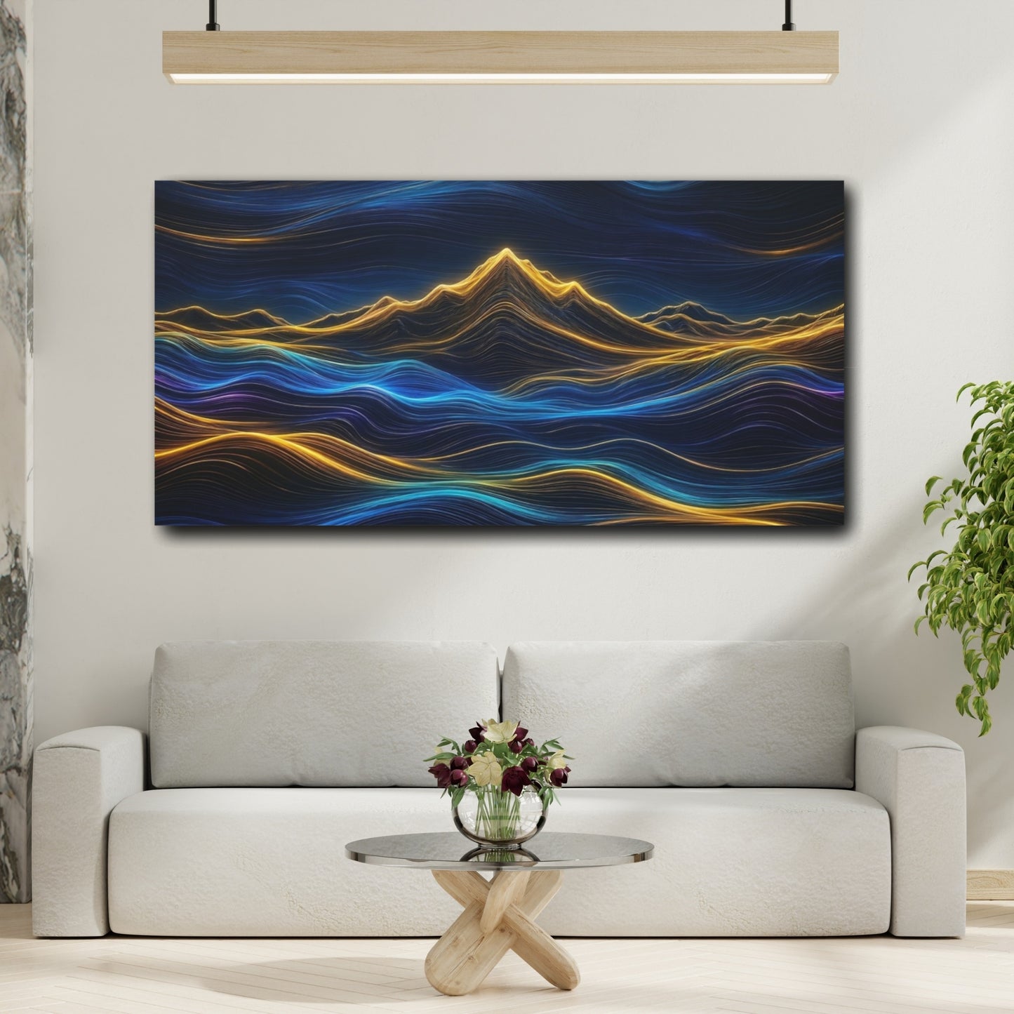 Mockup 3. Abstract Luminous Mountains Blue And Gold shown as stretched canvas wall art