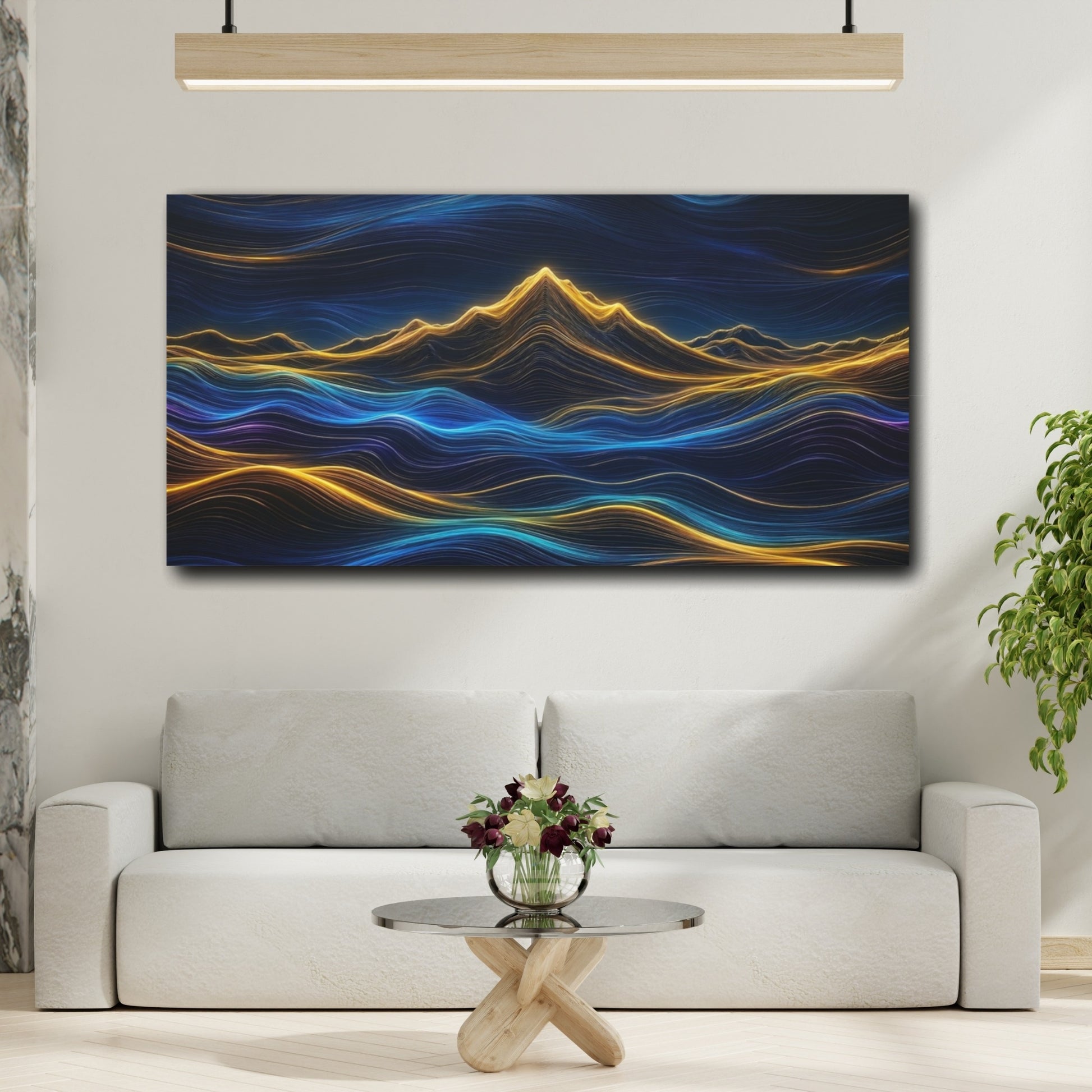 Mockup 3. Abstract Luminous Mountains Blue And Gold shown as stretched canvas wall art