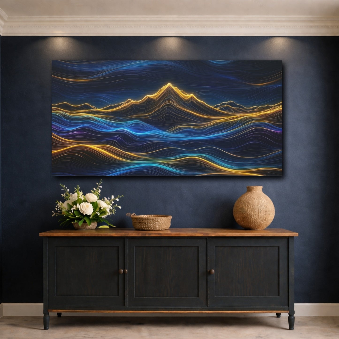 Mockup 4. Abstract Luminous Mountains Blue And Gold shown as stretched canvas wall art