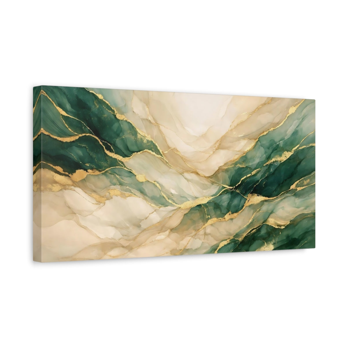 Side Mockup 3. Abstract Abstract Flow Green Gold Abstract shown as stretched canvas wall art