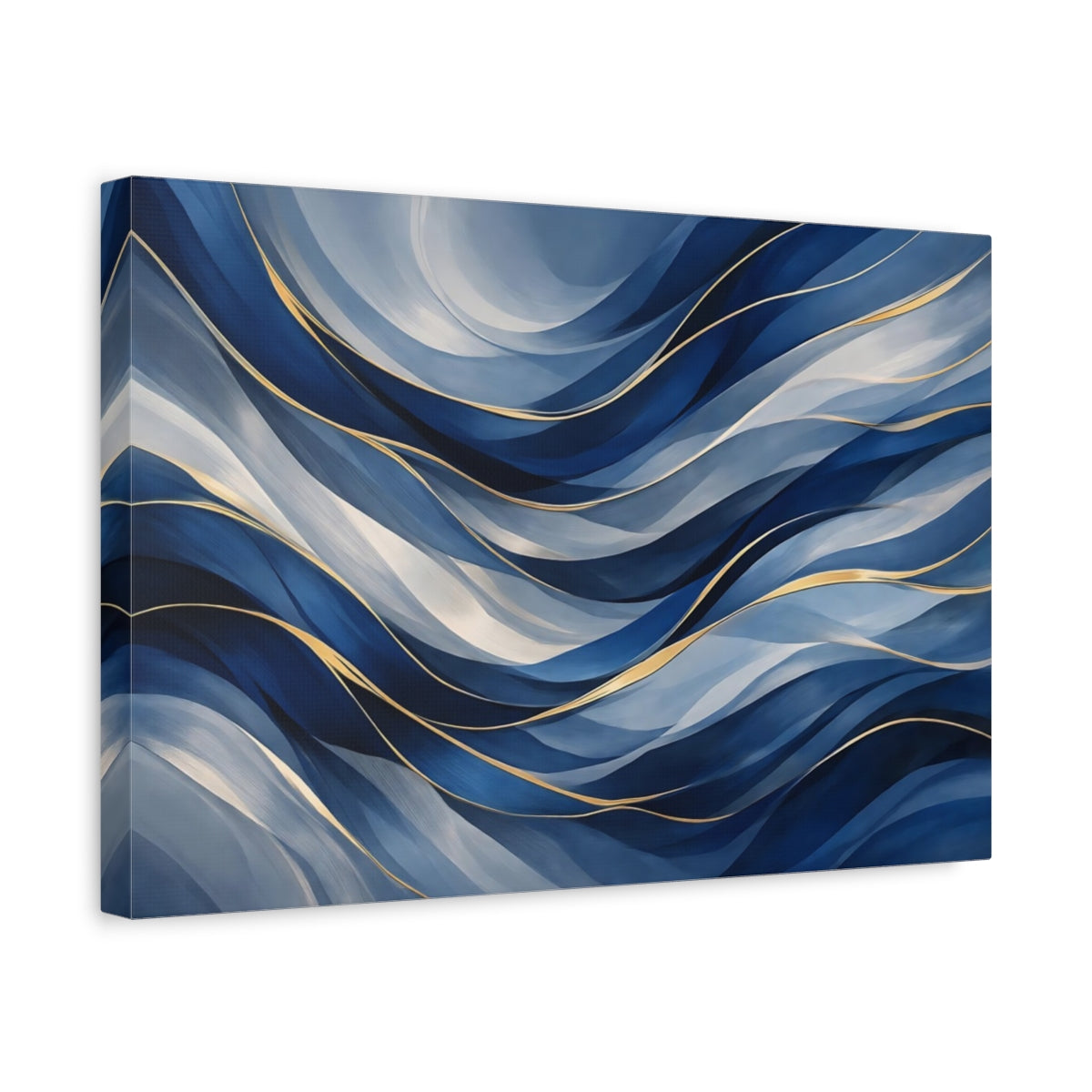 Side Mockup 4. Abstract Fluid Abstract Blue And Gold shown as stretched canvas wall art