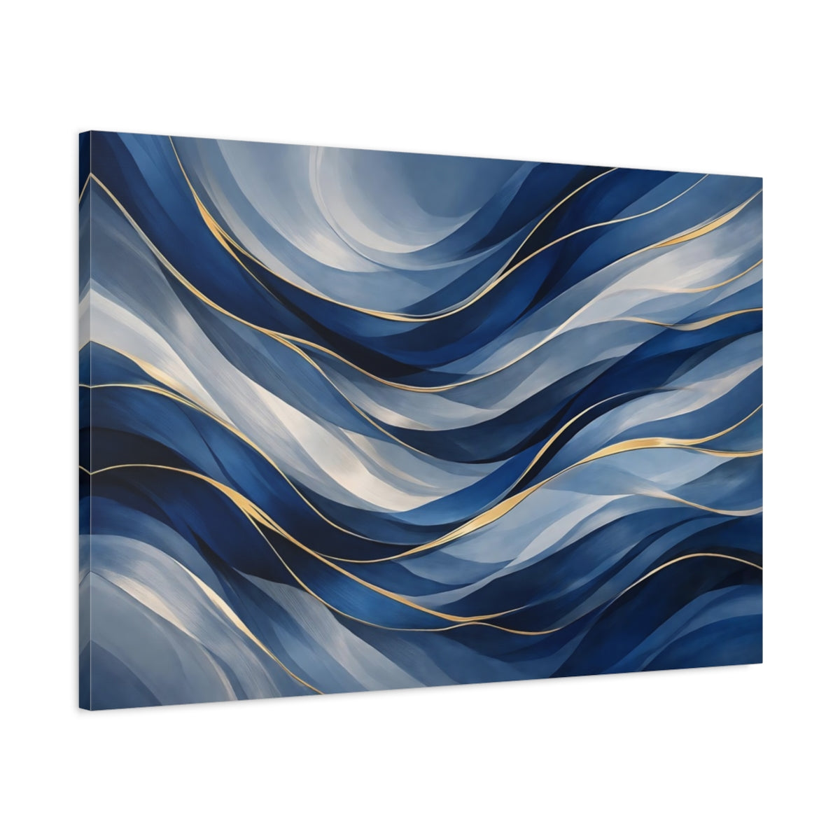 Side Mockup 1. Abstract Fluid Abstract Blue And Gold shown as stretched canvas wall art
