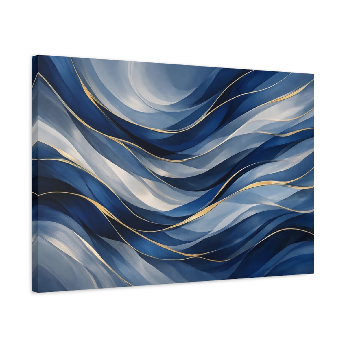 Side Mockup 2. Abstract Fluid Abstract Blue And Gold shown as stretched canvas wall art