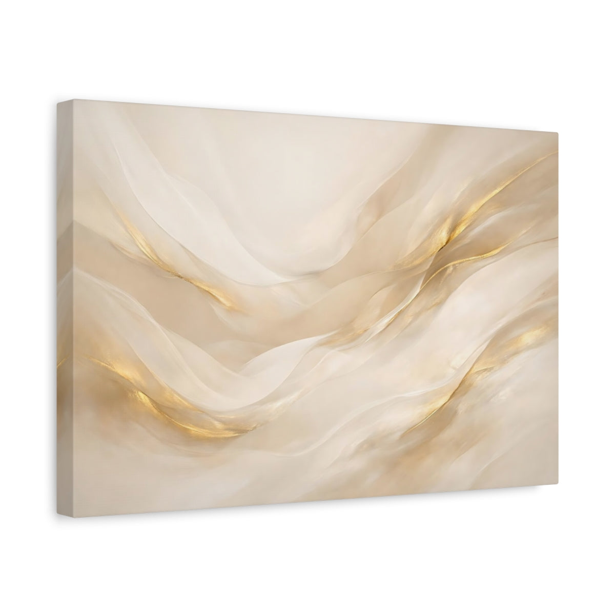 Side Mockup 4. Abstract Gold Waves Gold And Beige shown as stretched canvas wall art